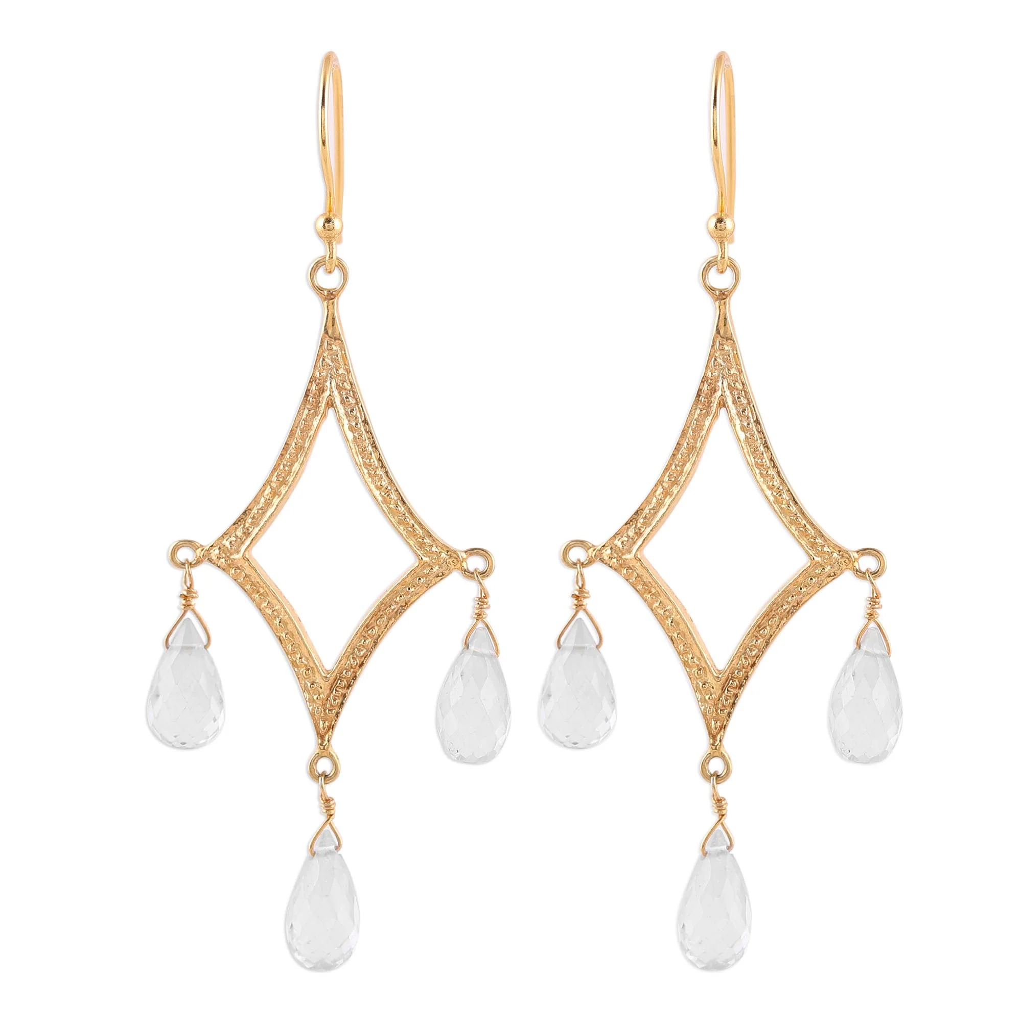 Cascading Drops Crystal Quartz 22k Gold Plated Sterling Silver Earrings - Image 2