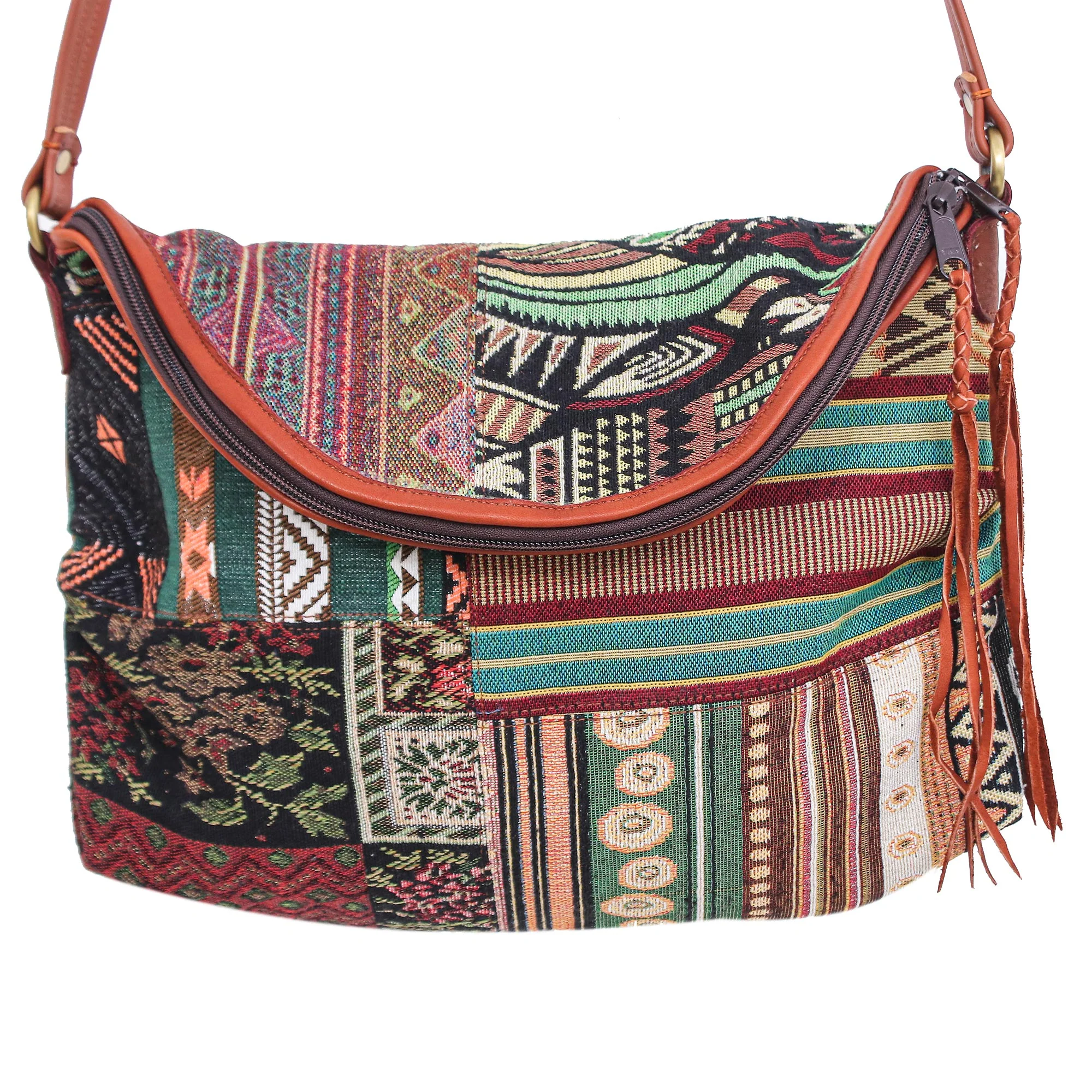 Casual Lanna in Green Leather Accented Cotton Sling Bag from Thailand - Image 3