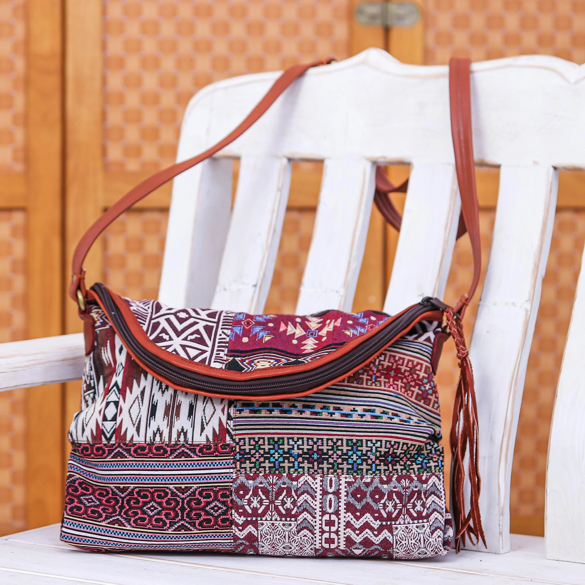 Casual Lanna in Red Leather Accented Cotton Patchwork Sling Bag