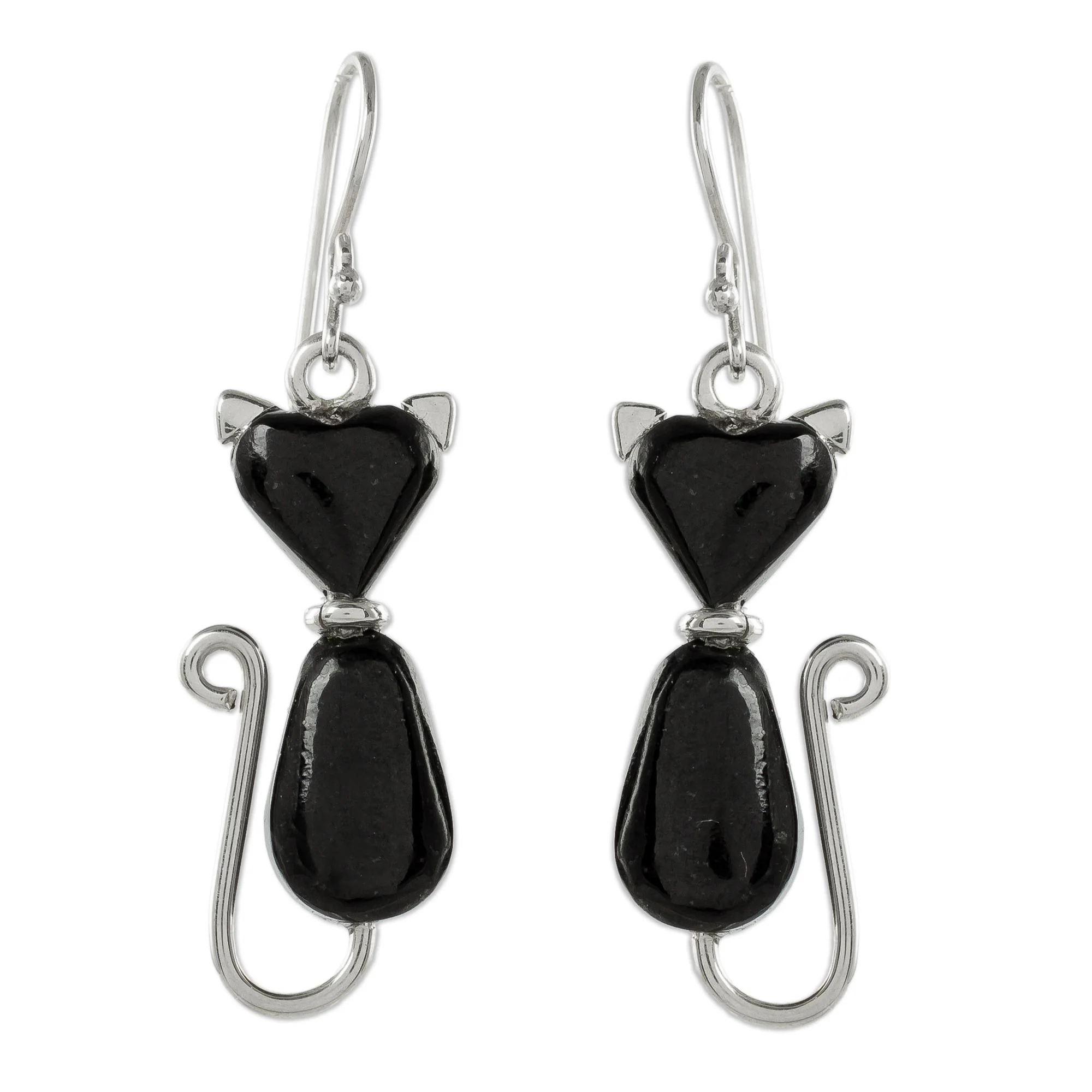 Cats of Love in Black Jade Cat Dangle Earrings in Black from Guatemala - Image 2
