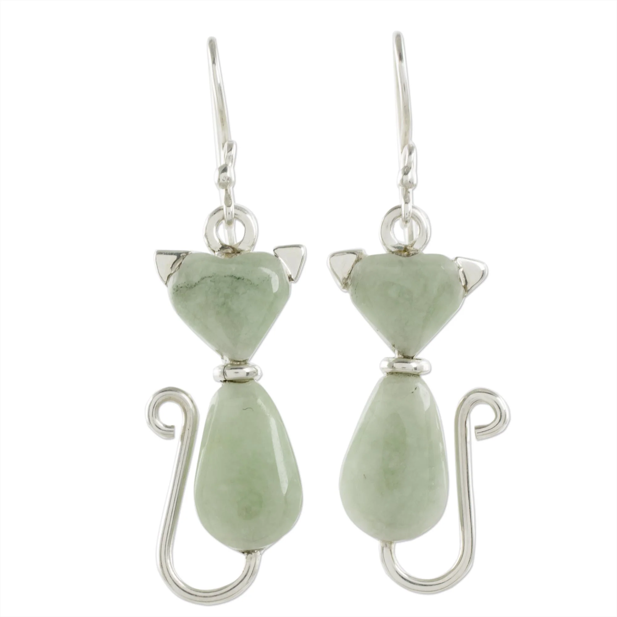 Cats of Love in Light Green Jade Cat Dangle Earrings in Light Green from Guatemala - Image 2