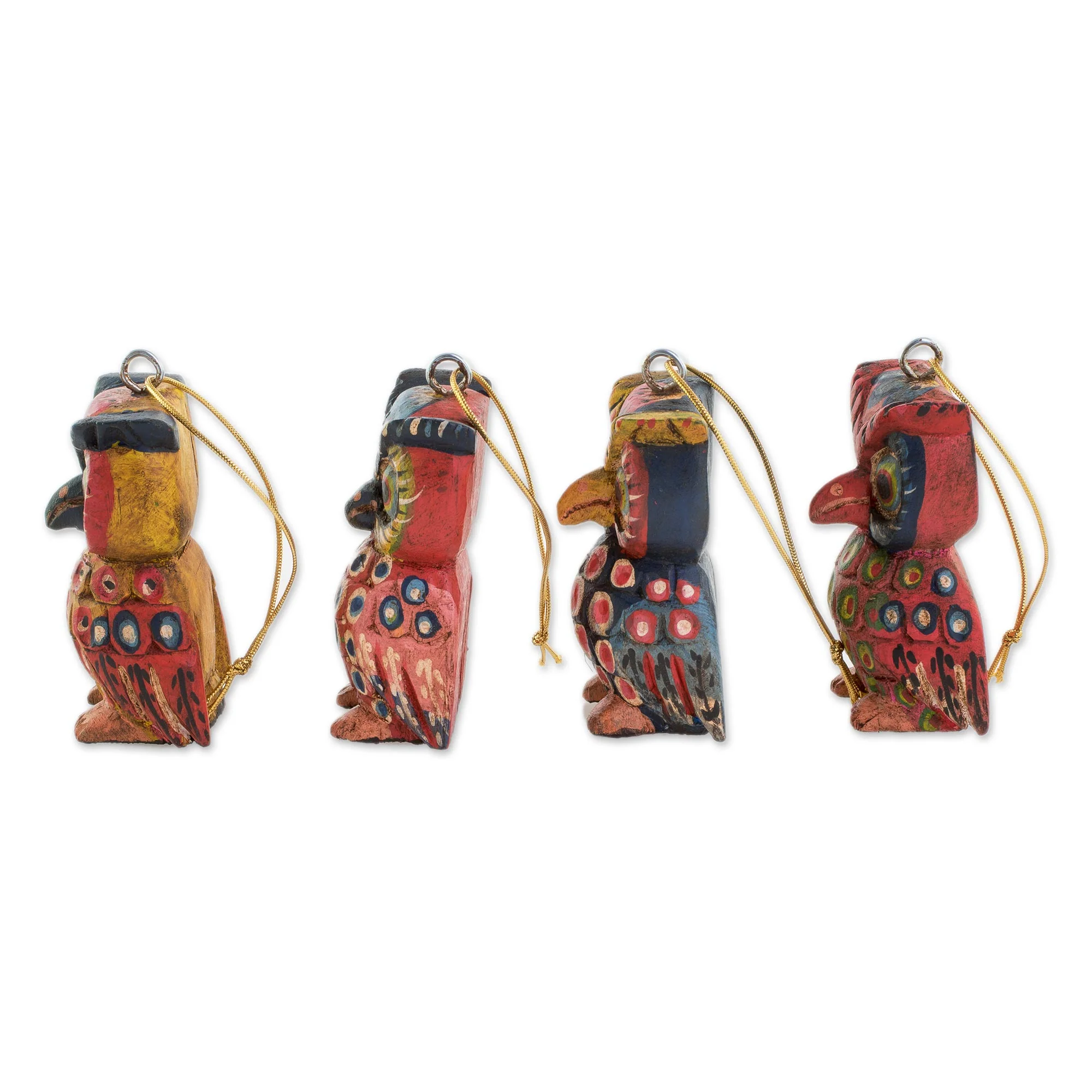 Celebratory Owls Pinewood Owl Ornaments from Guatemala (Set of 4) - Image 3