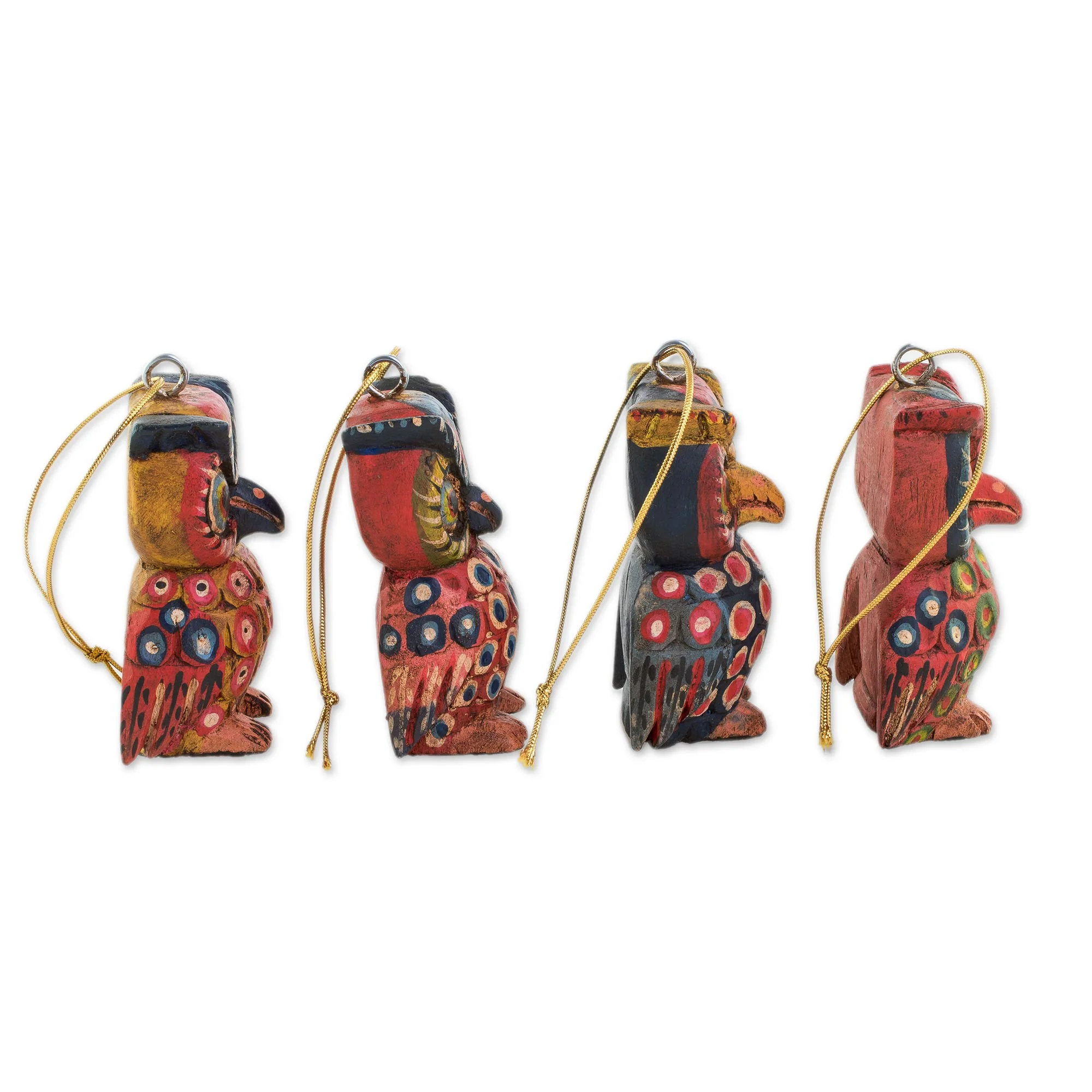 Celebratory Owls Pinewood Owl Ornaments from Guatemala (Set of 4) - Image 4