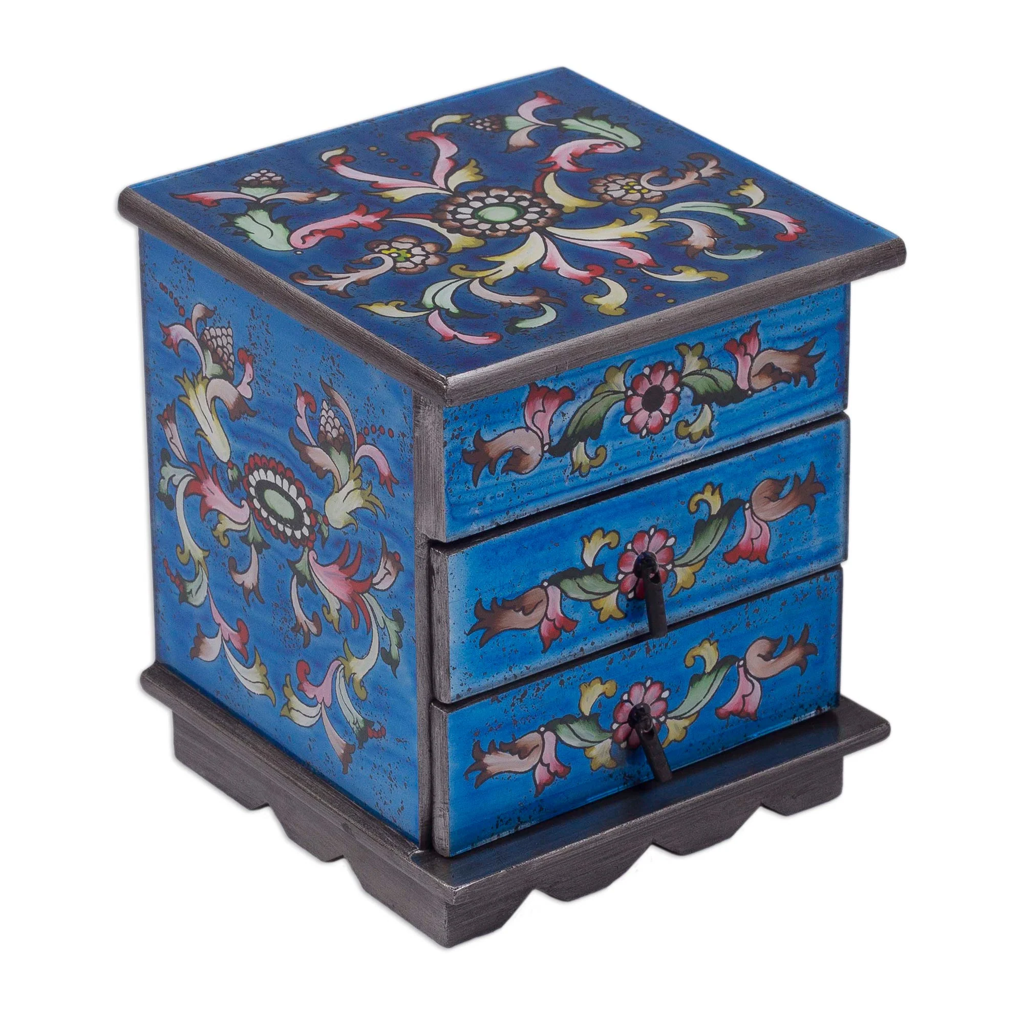 Celestial Blue Reverse Painted Glass Jewelry Box Chest with Mirror - Image 2