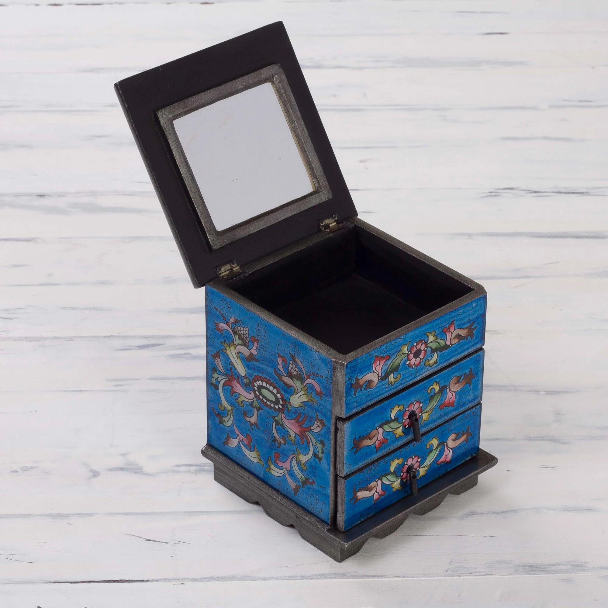 Celestial Blue Reverse Painted Glass Jewelry Box Chest with Mirror - Image 3