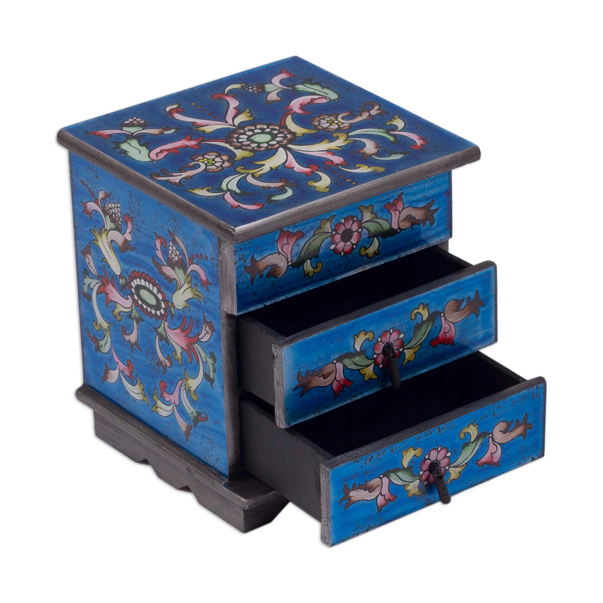 Celestial Blue Reverse Painted Glass Jewelry Box Chest with Mirror - Image 5