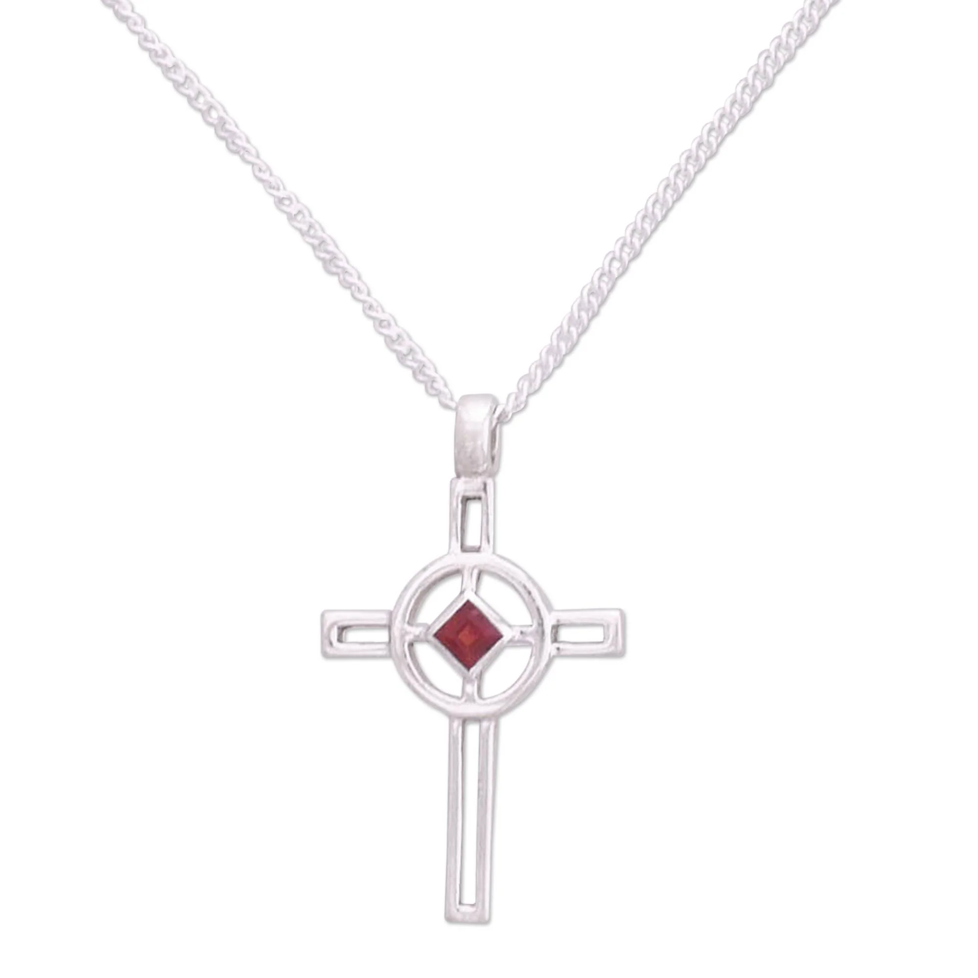 Celtic Cross Sterling Silver and Garnet Pendant Necklace - Image 2