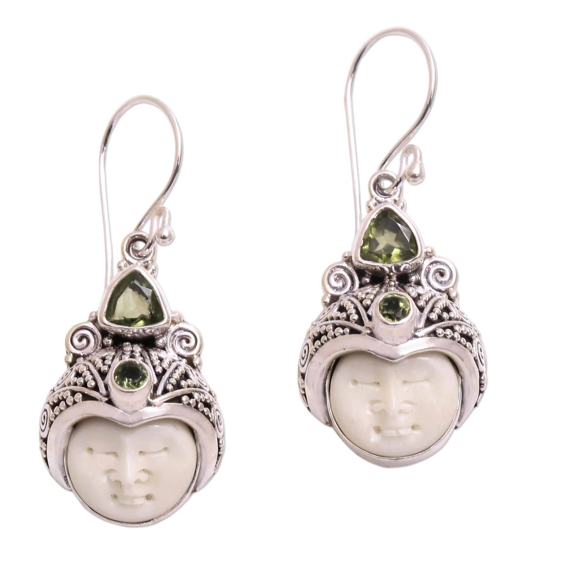 Celuk Pangeran Peridot and Carved Bone Dangle Earrings from Bali - Image 2