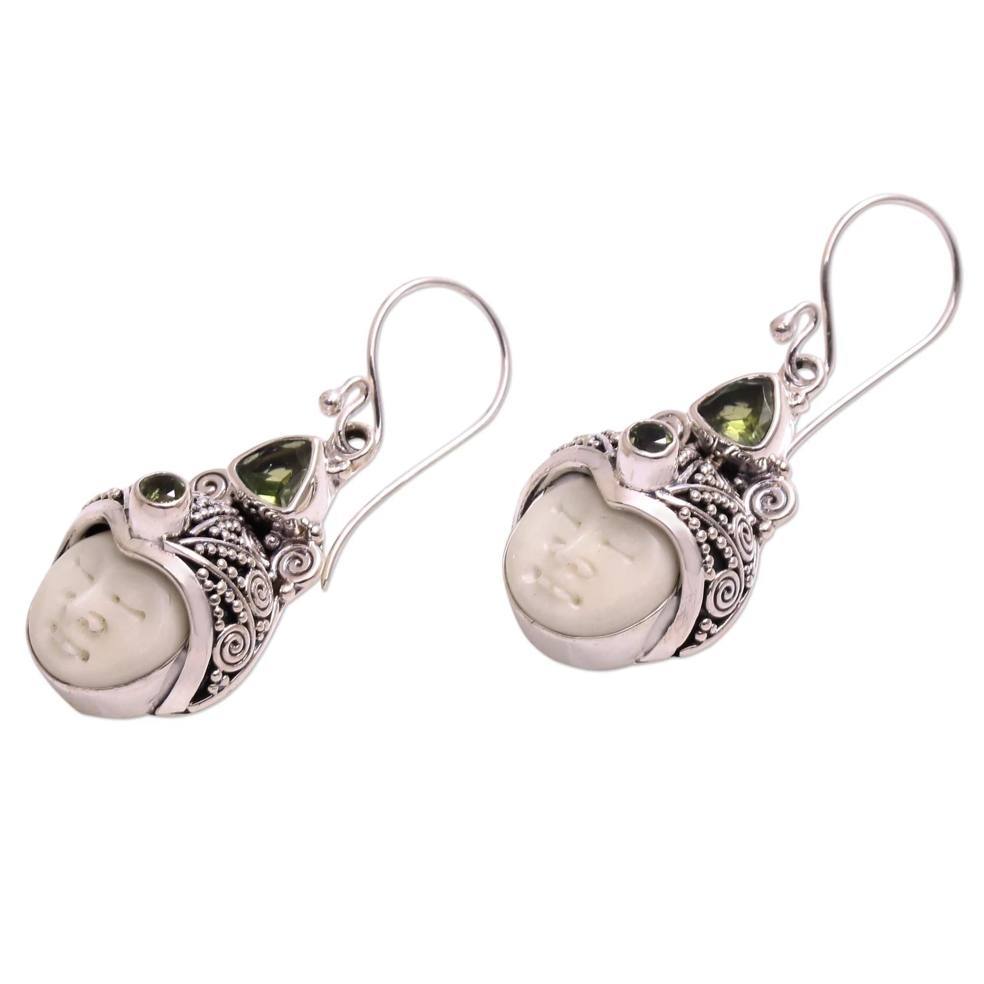 Celuk Pangeran Peridot and Carved Bone Dangle Earrings from Bali - Image 3