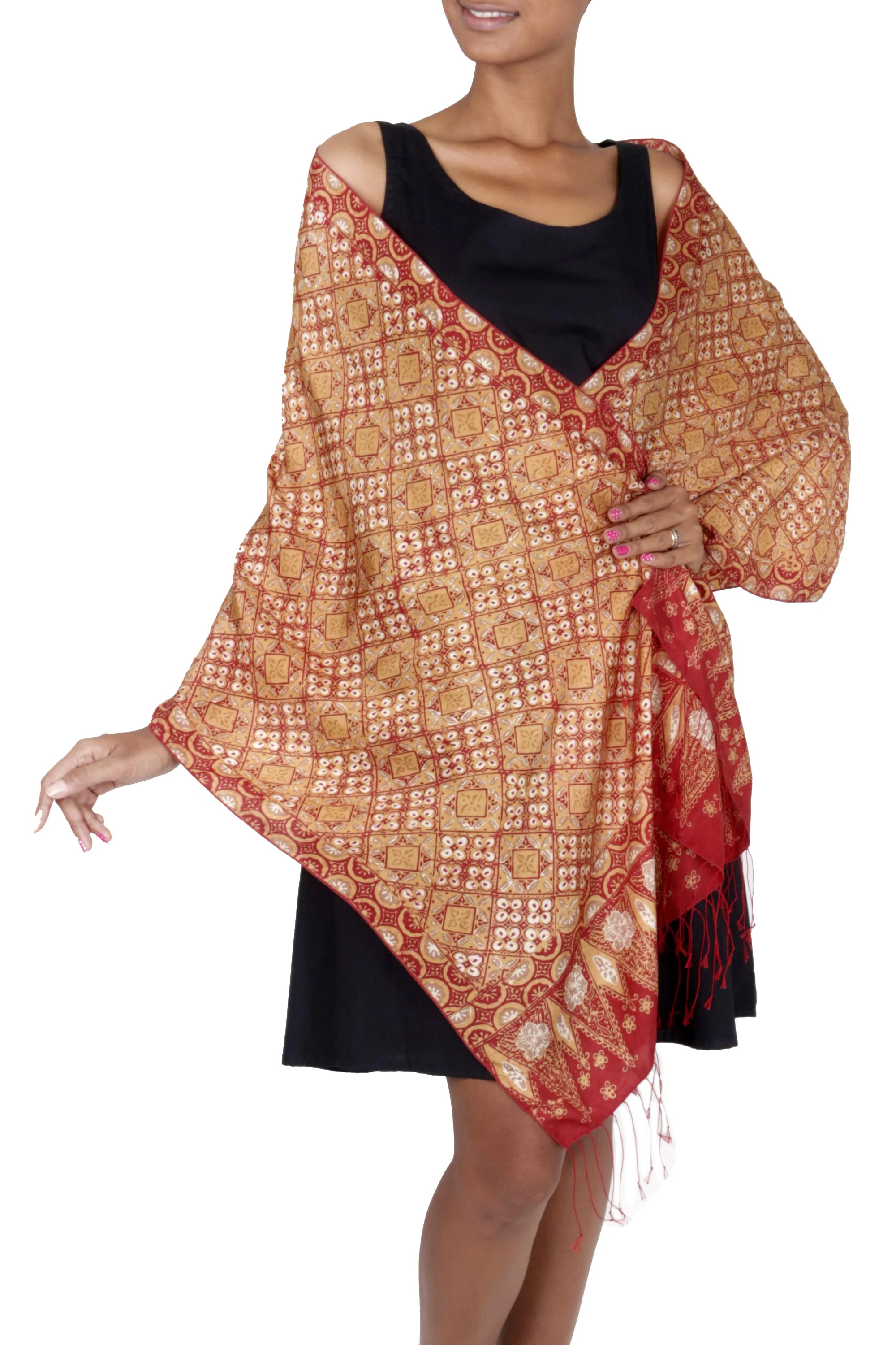 Ceplok Beteng Red and Gold Metallic Hand Stamped Batik Silk Shawl - Image 2
