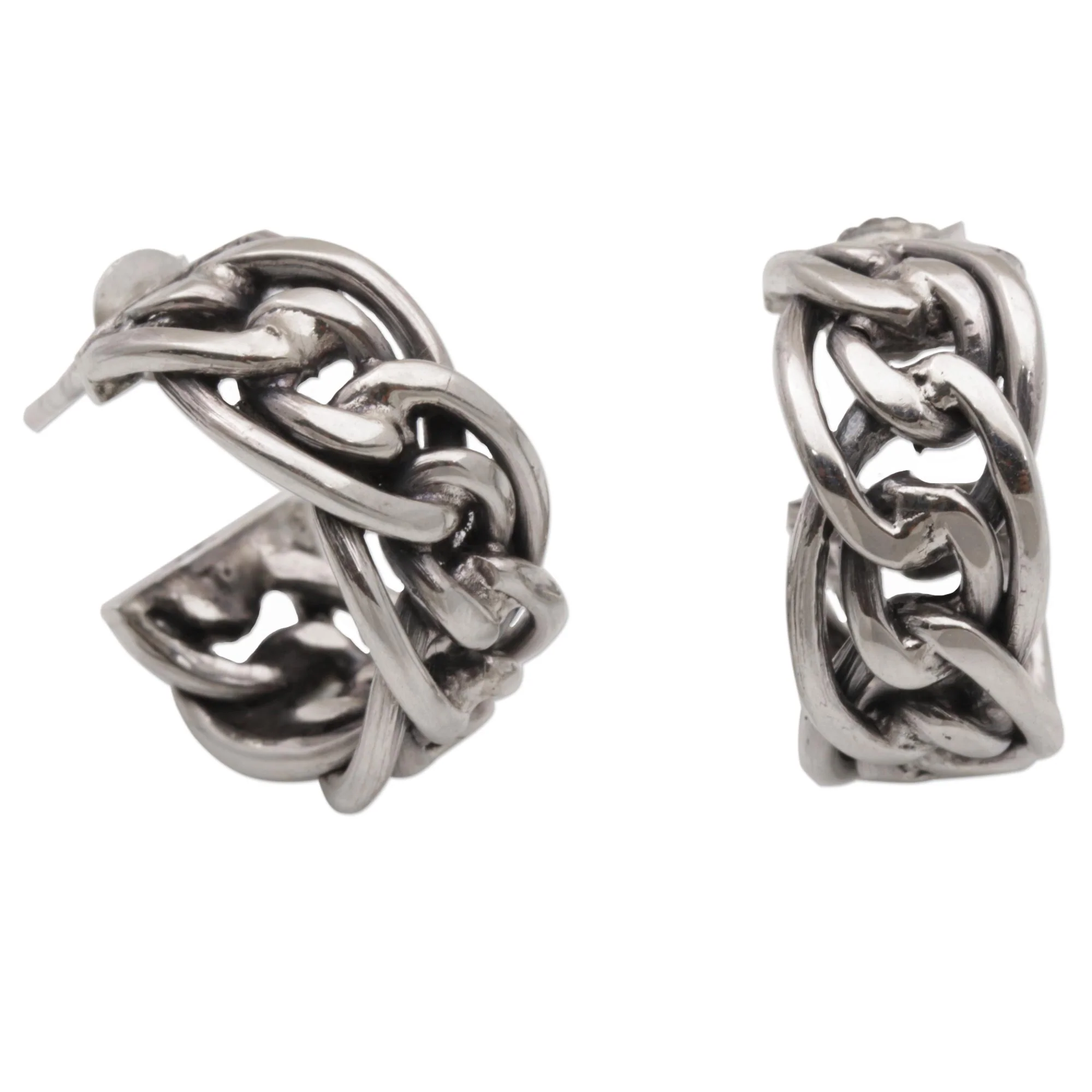 Chain Loops Sterling Silver Chain Motif Half-Hoop Earrings from Bali - Image 2