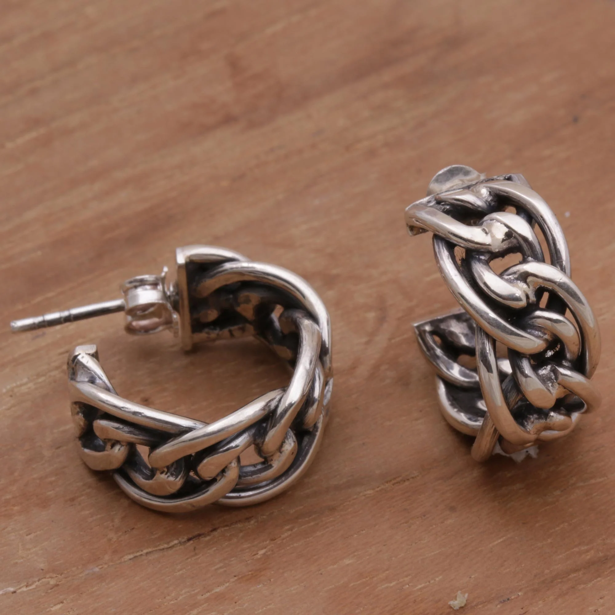 Chain Loops Sterling Silver Chain Motif Half-Hoop Earrings from Bali - Image 3