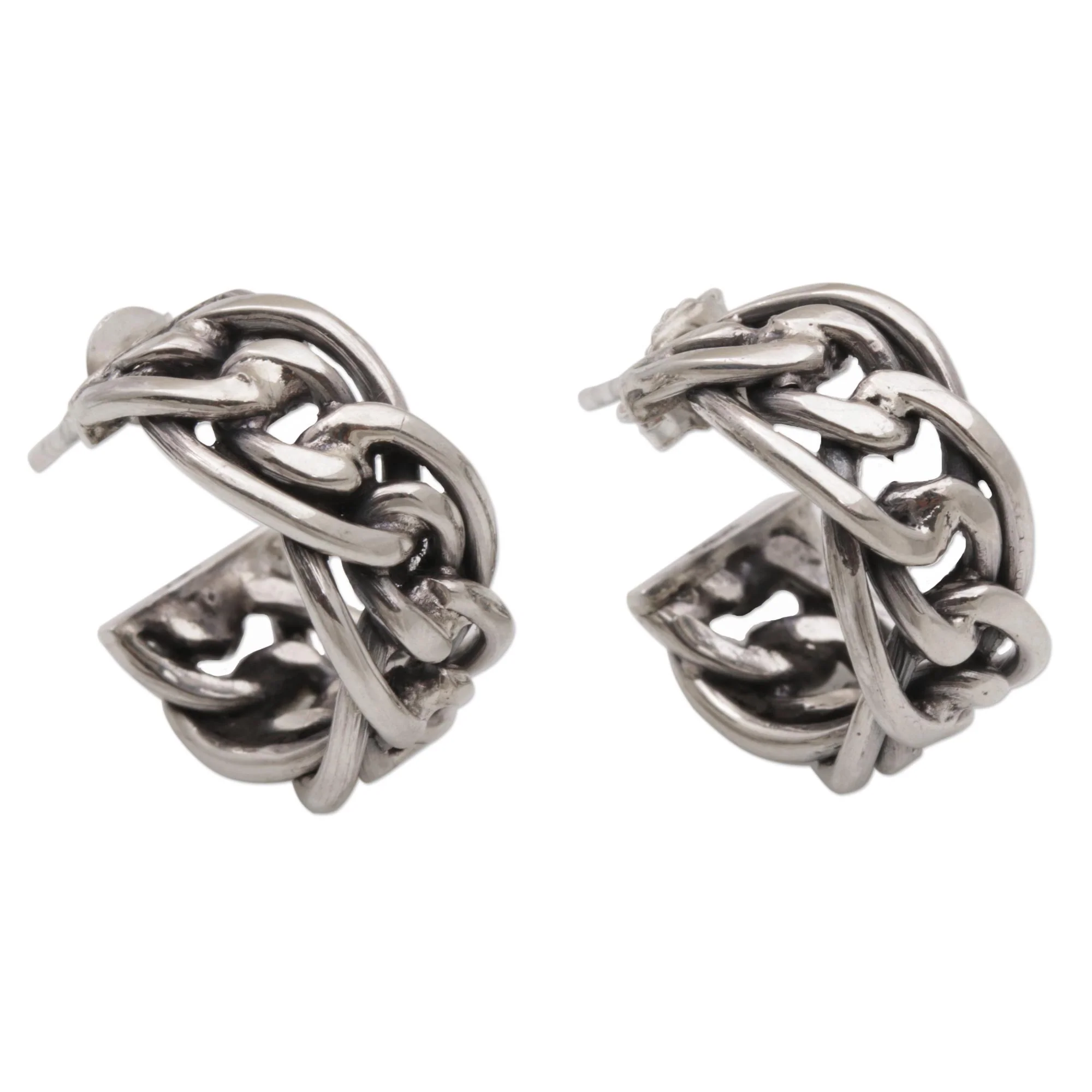 Chain Loops Sterling Silver Chain Motif Half-Hoop Earrings from Bali - Image 4