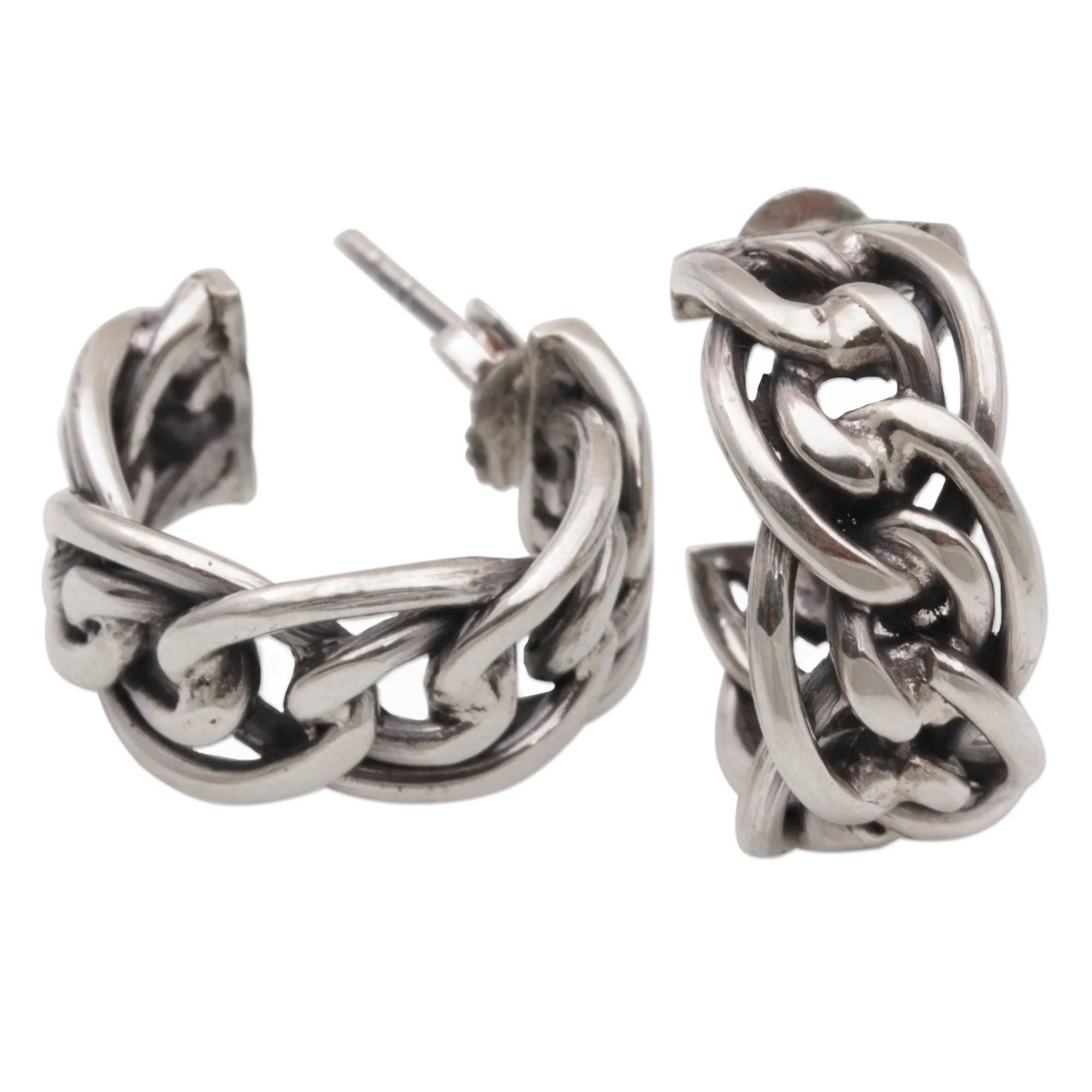 Chain Loops Sterling Silver Chain Motif Half-Hoop Earrings from Bali - Image 5