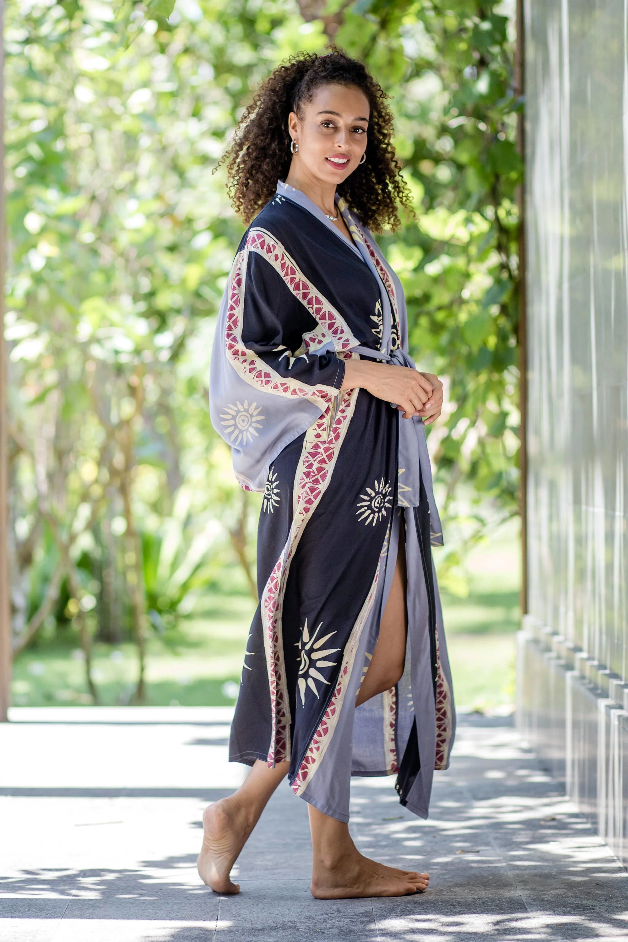 Chakra Burst Belted Batik Rayon Robe from Bali - Image 4