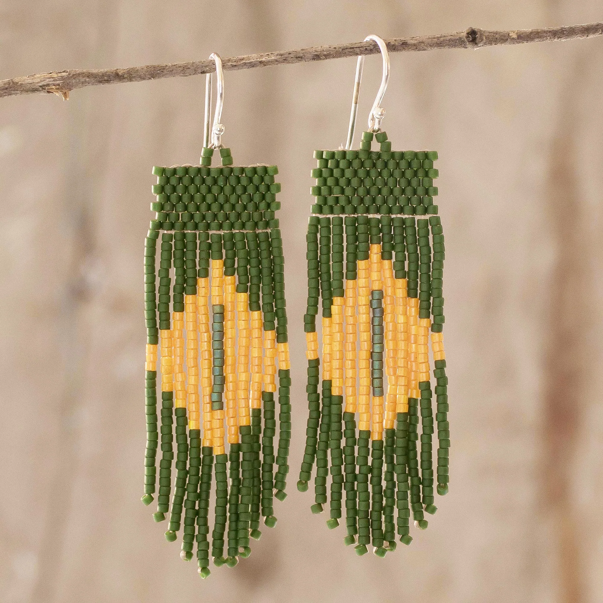 Chameleon Charm Green and Yellow Beaded Waterfall Earrings