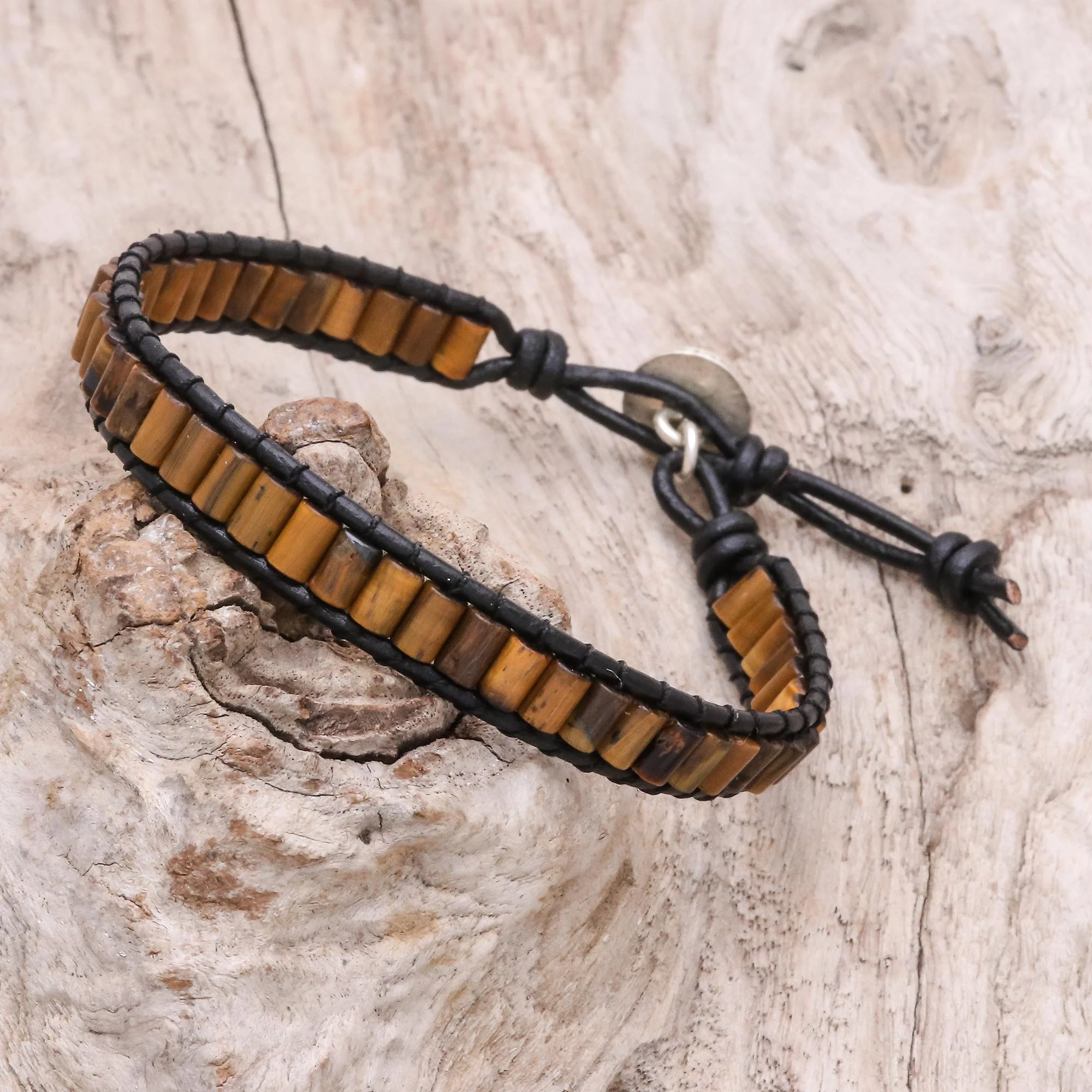 Channels Tiger's Eye Beaded Wristband Bracelet with Leather - Image 3
