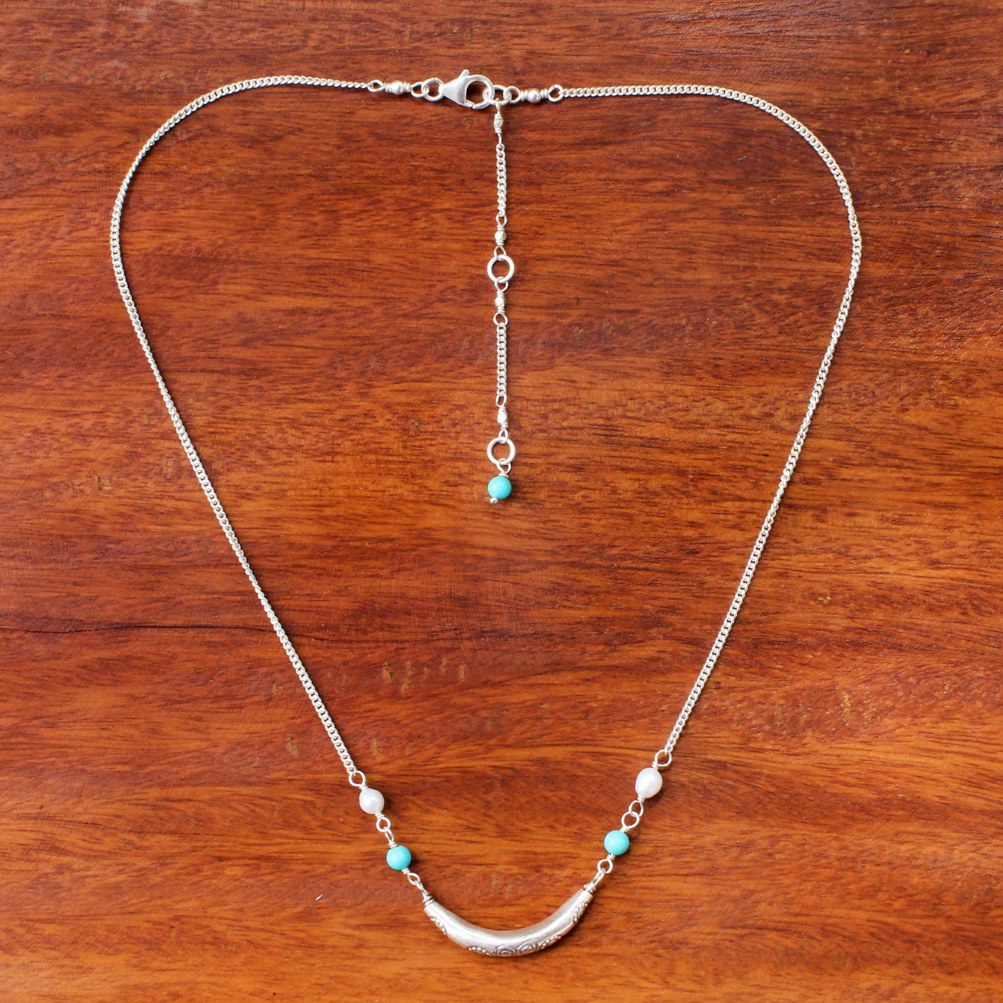 Charming Crescent Cultured Pearl and 950 Silver Crescent Thai Necklace - Image 3