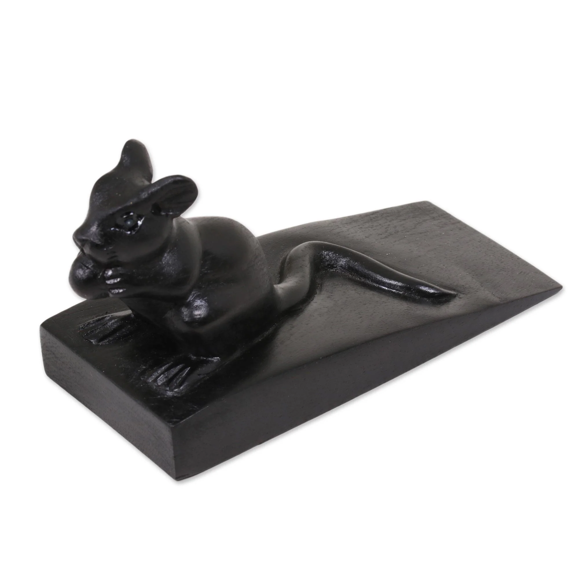 Charming Mouse in Black Hand Carved Suar Wood Mouse Door Stopper in Black from Bali - Image 2