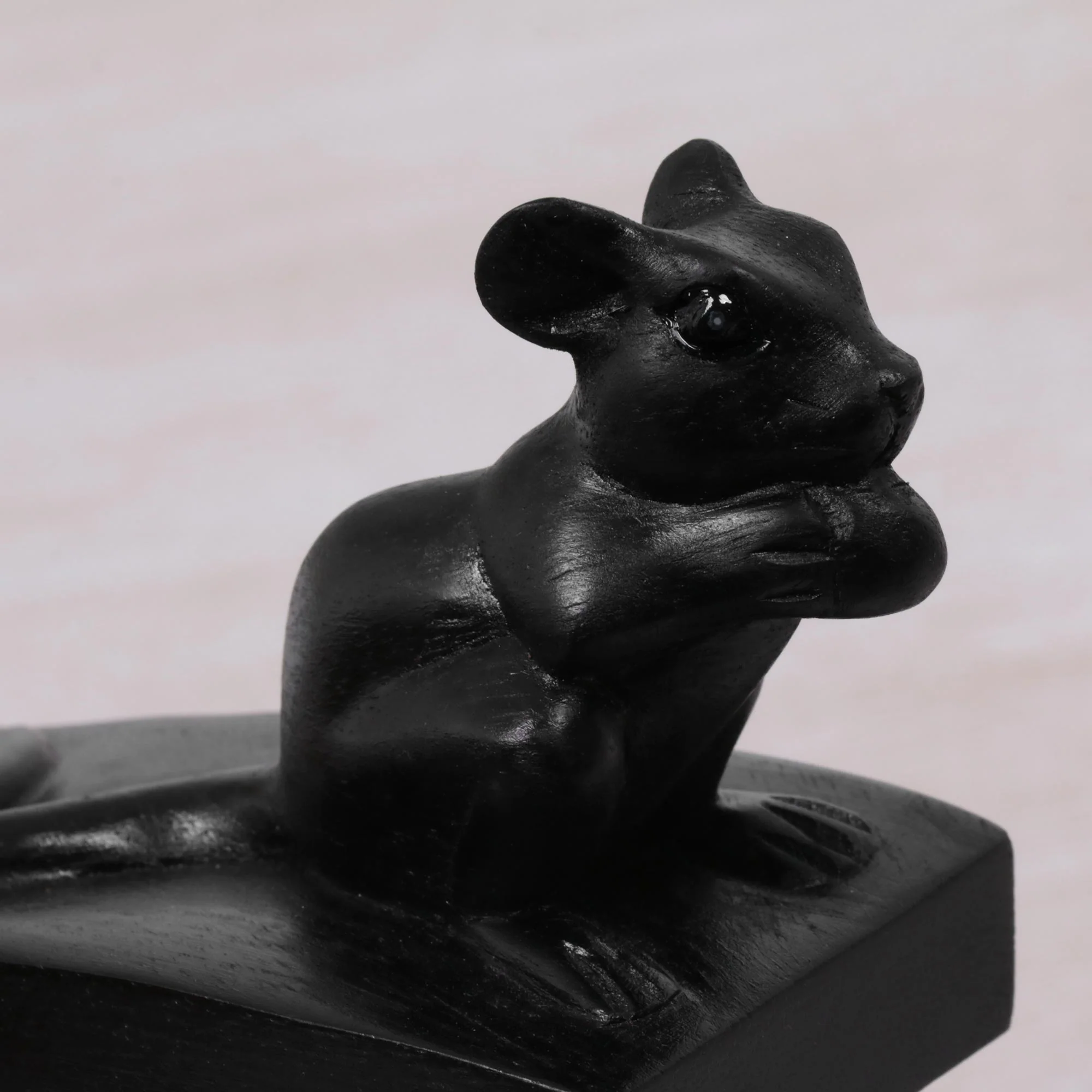 Charming Mouse in Black Hand Carved Suar Wood Mouse Door Stopper in Black from Bali - Image 3