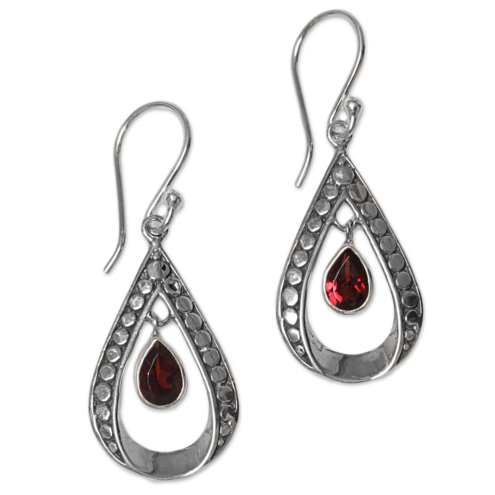 Charming Tears in Red Sterling Silver and Garnet Dangle Earrings from Indonesia - Image 2