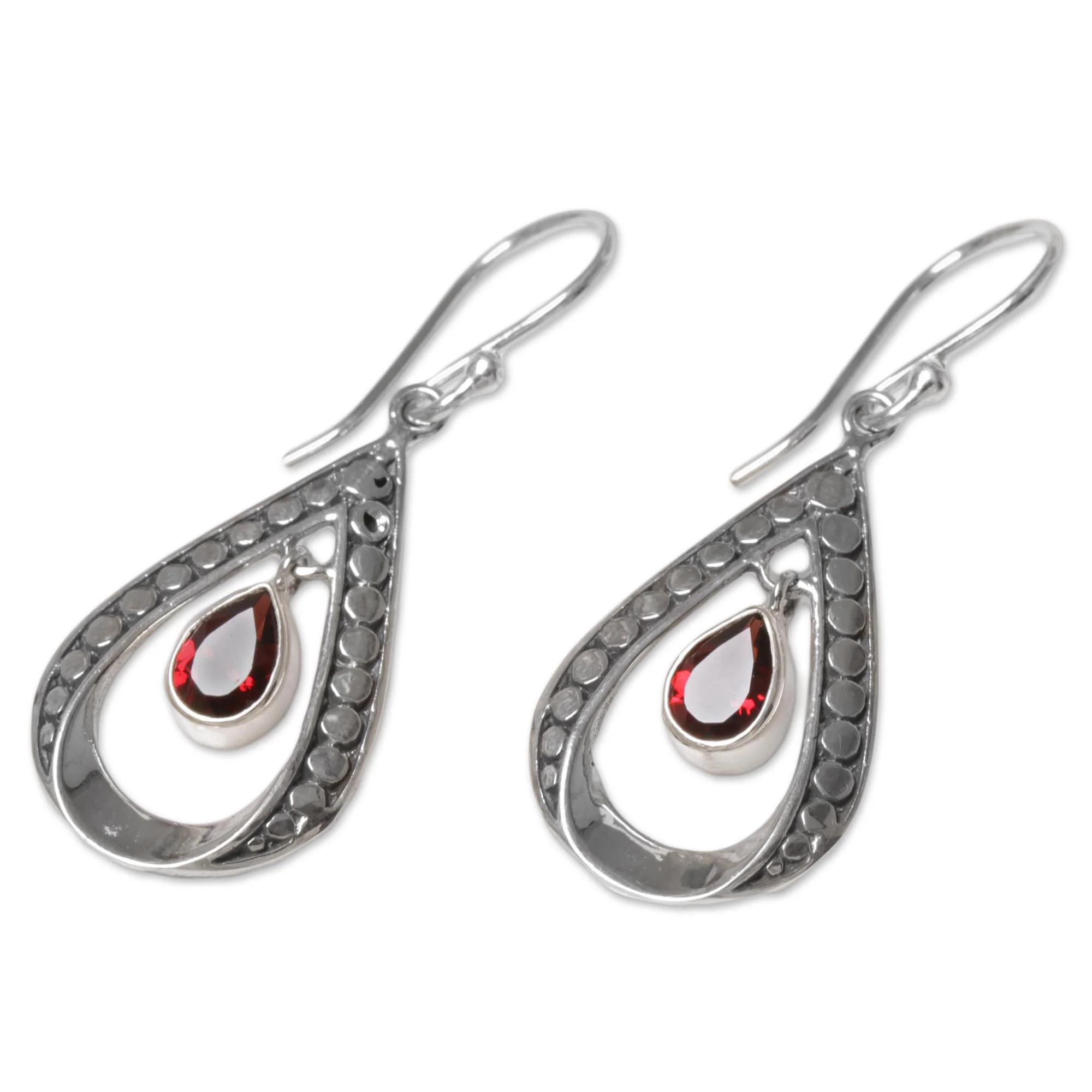 Charming Tears in Red Sterling Silver and Garnet Dangle Earrings from Indonesia - Image 5