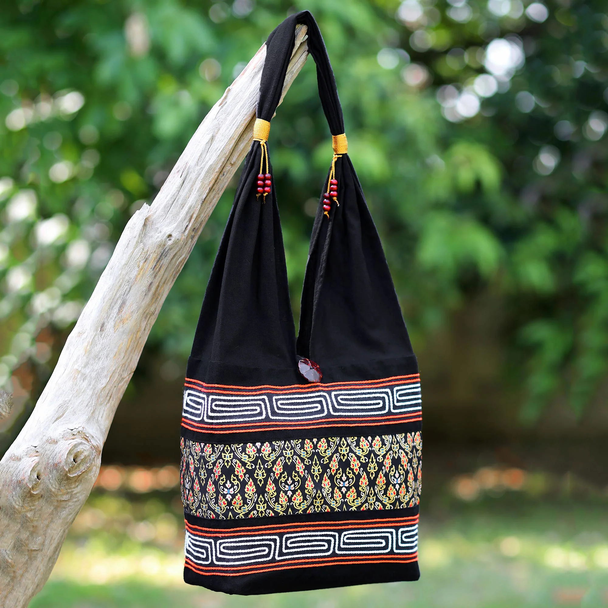 Charming Thai In Black Cotton Blend Shoulder Bag - Image 3