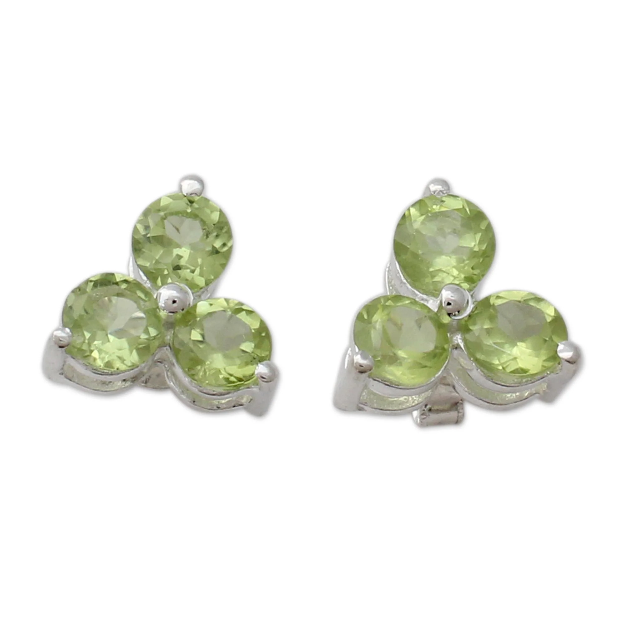 Charming Trio Artisan Crafted Triple Peridot Stud Earrings from India - Image 2