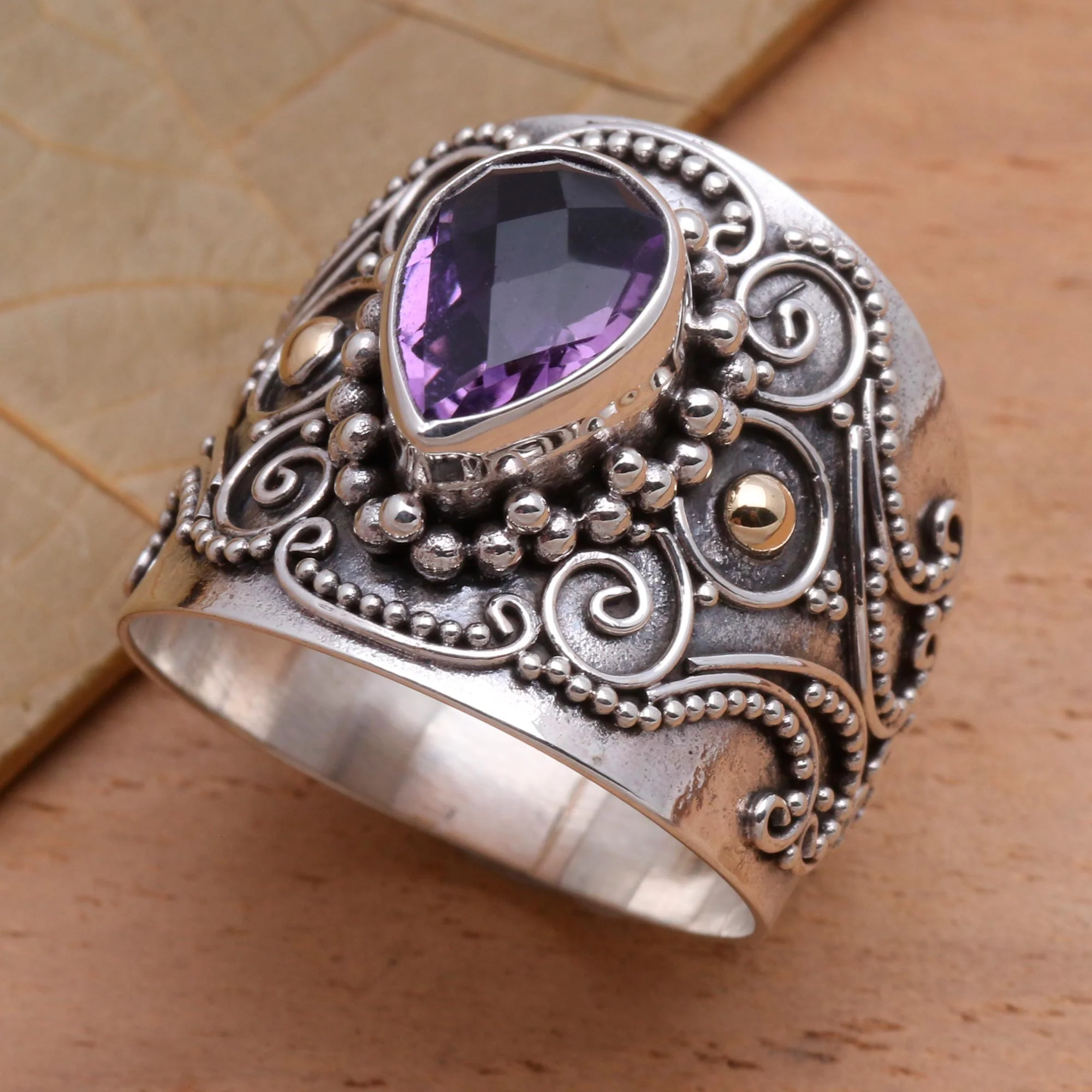 Checkerboard Teardrop Ornate Balinese Silver and Amethyst Ring with Gold Accents - Image 3