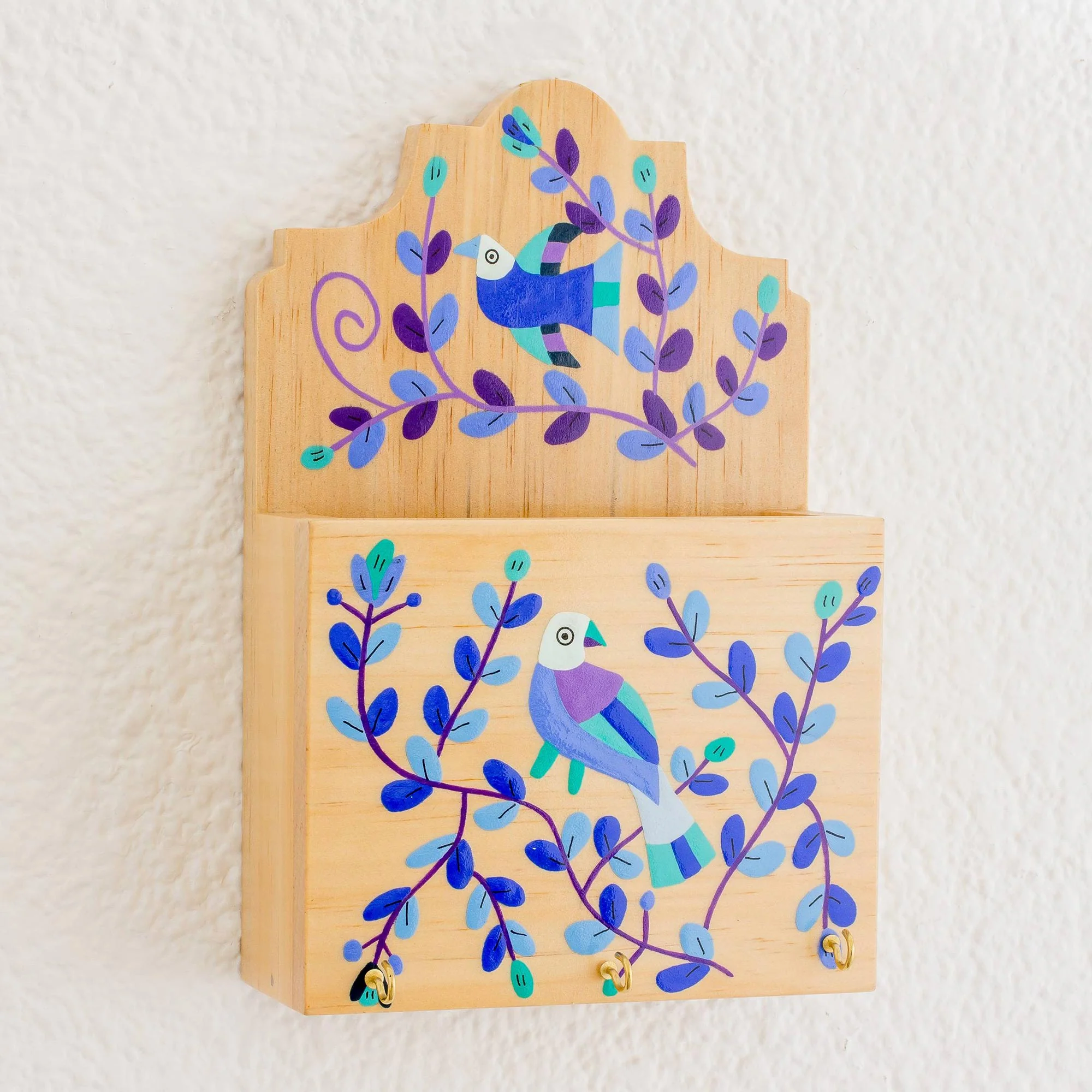 Cheery Birds in Blue Blue Purple Bird and Flowers Pinewood Letter and Key Holder - Image 3