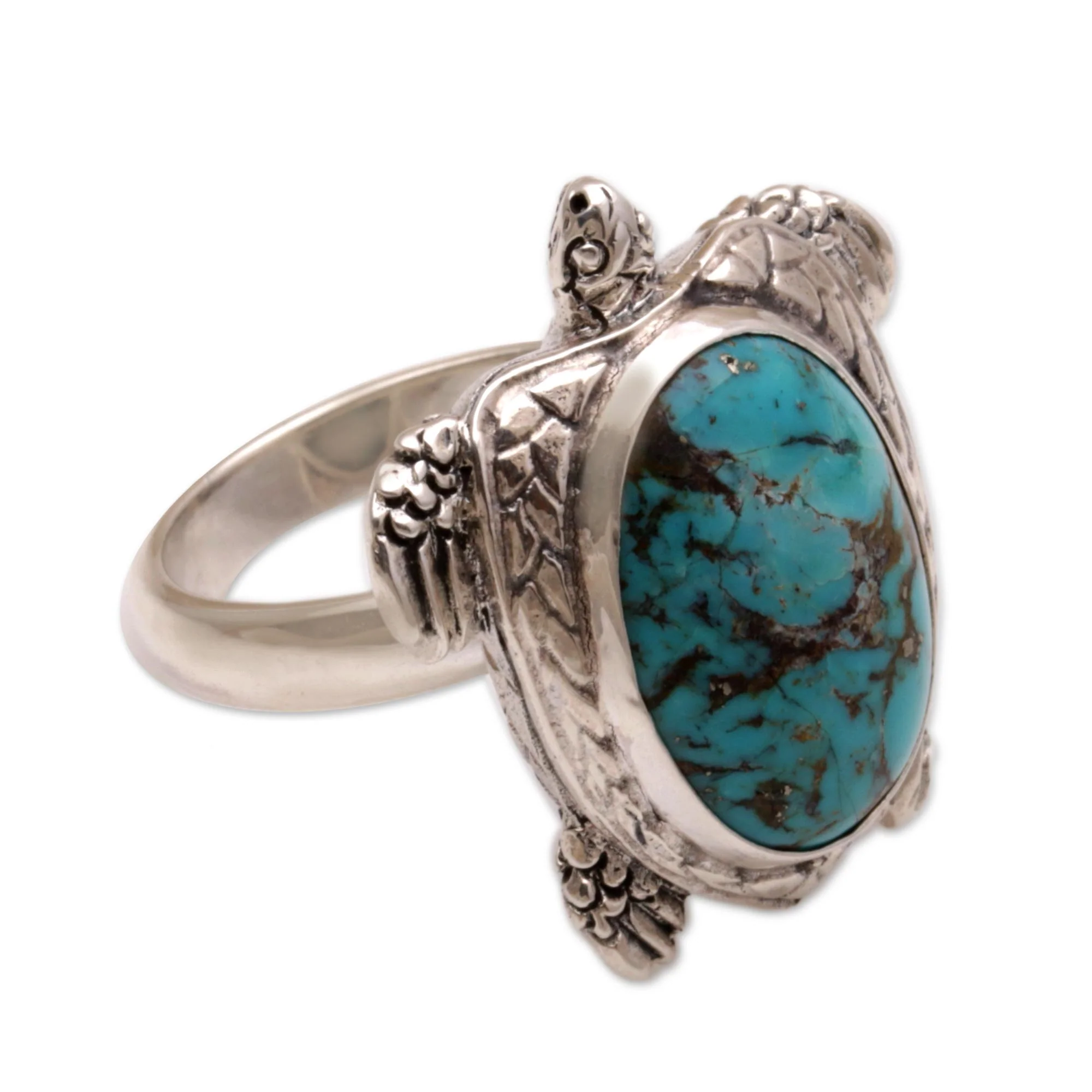 Chelonia Turtle Men's Sterling Silver and Reconstituted Turquoise Ring - Image 2