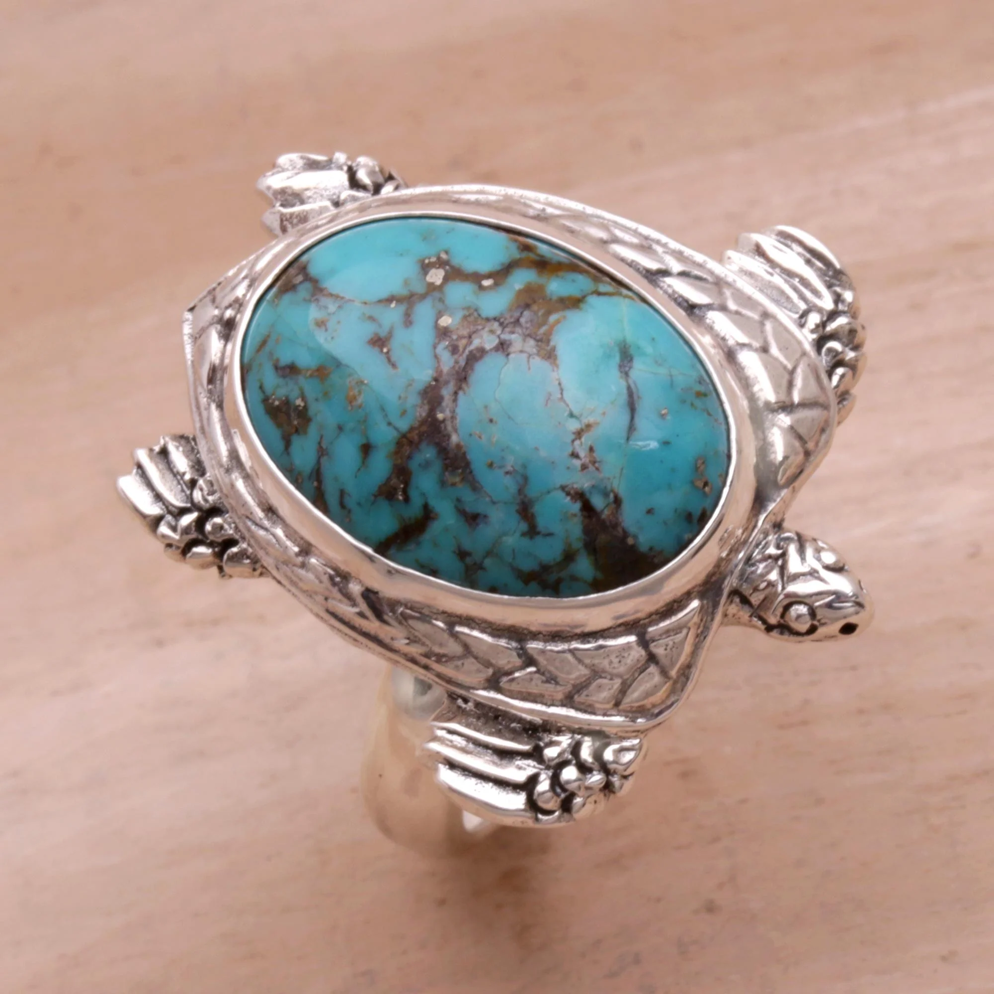 Chelonia Turtle Men's Sterling Silver and Reconstituted Turquoise Ring - Image 4