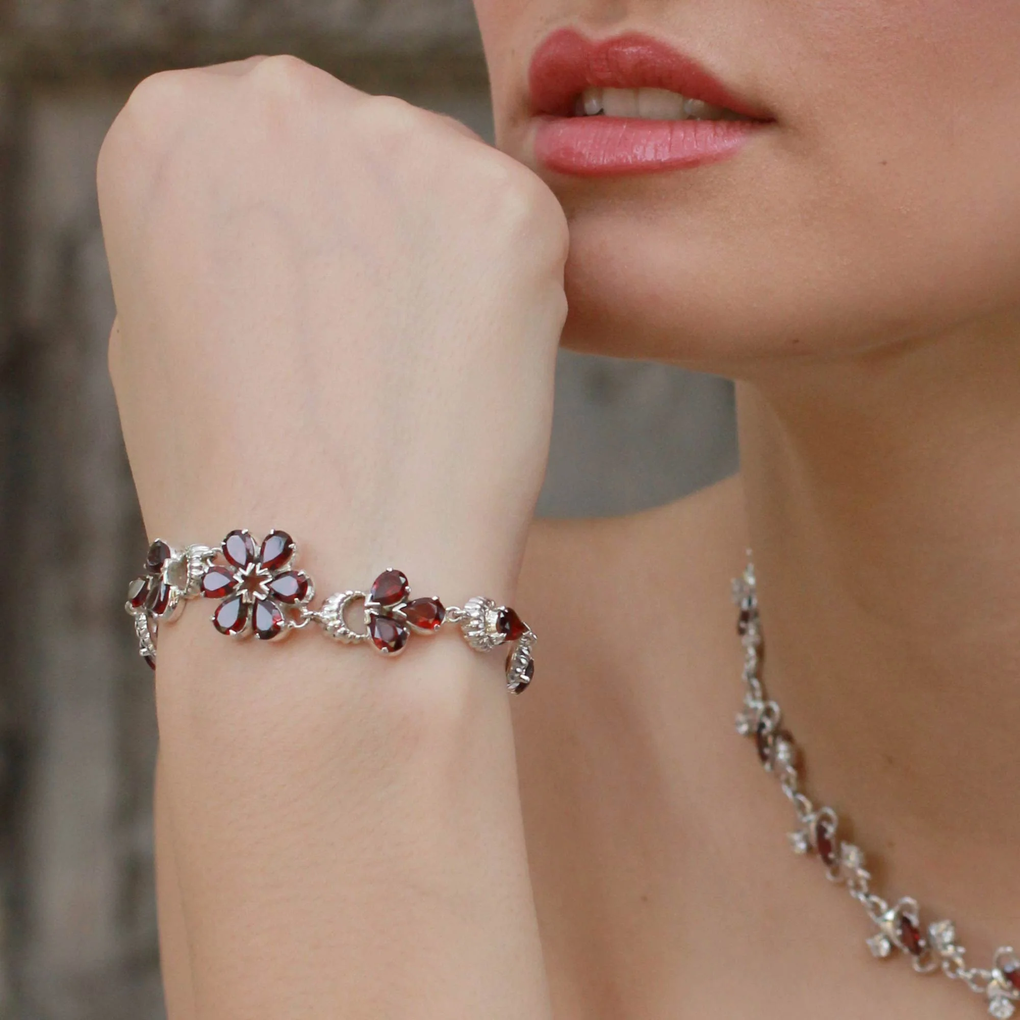 Cherry Blossom Floral Sterling Silver and Garnet Bracelet - Image 4