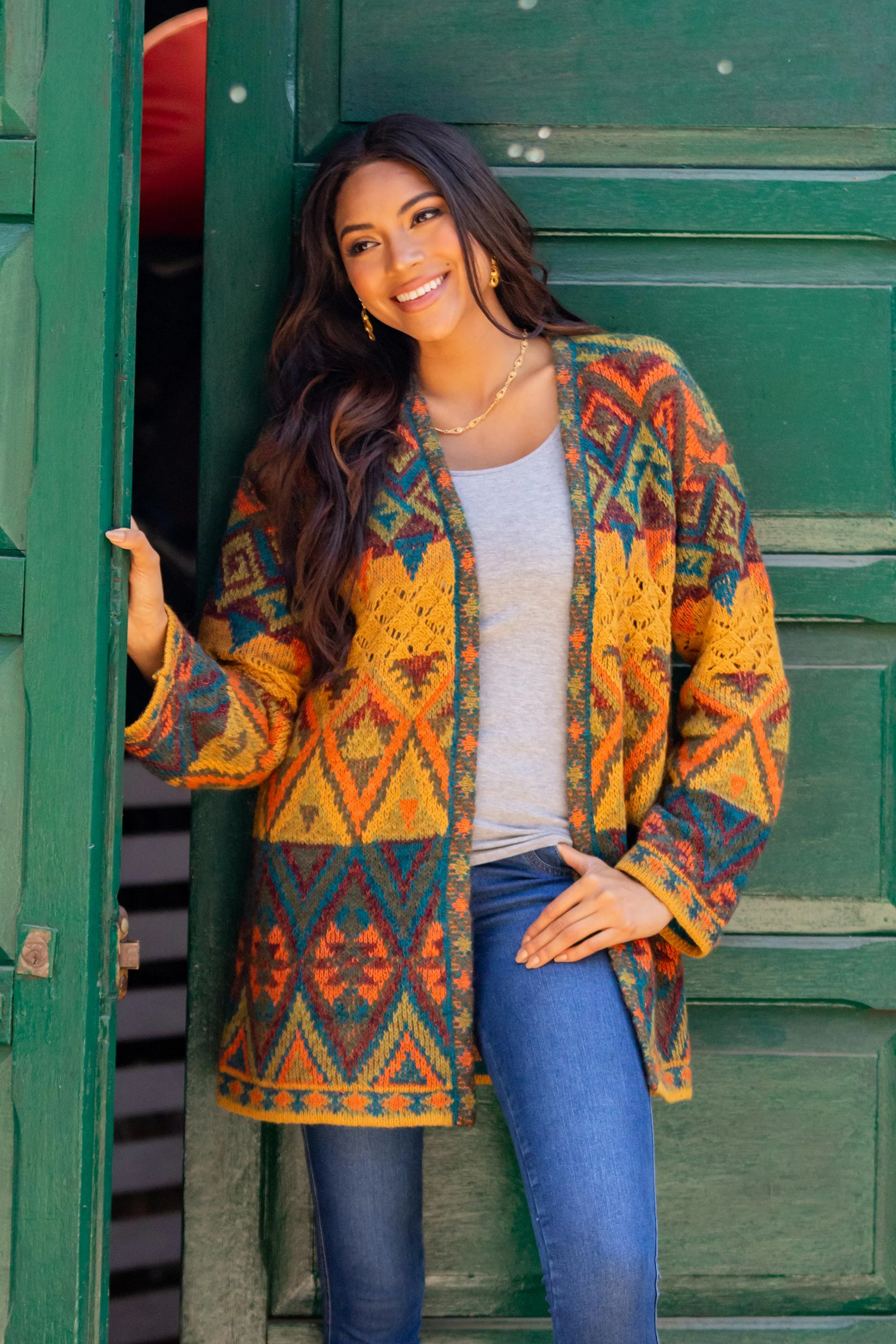 Chevere Art Knit Cardigan Baby Alpaca Blend Geometric Motifs Knit Cardigan Sweater