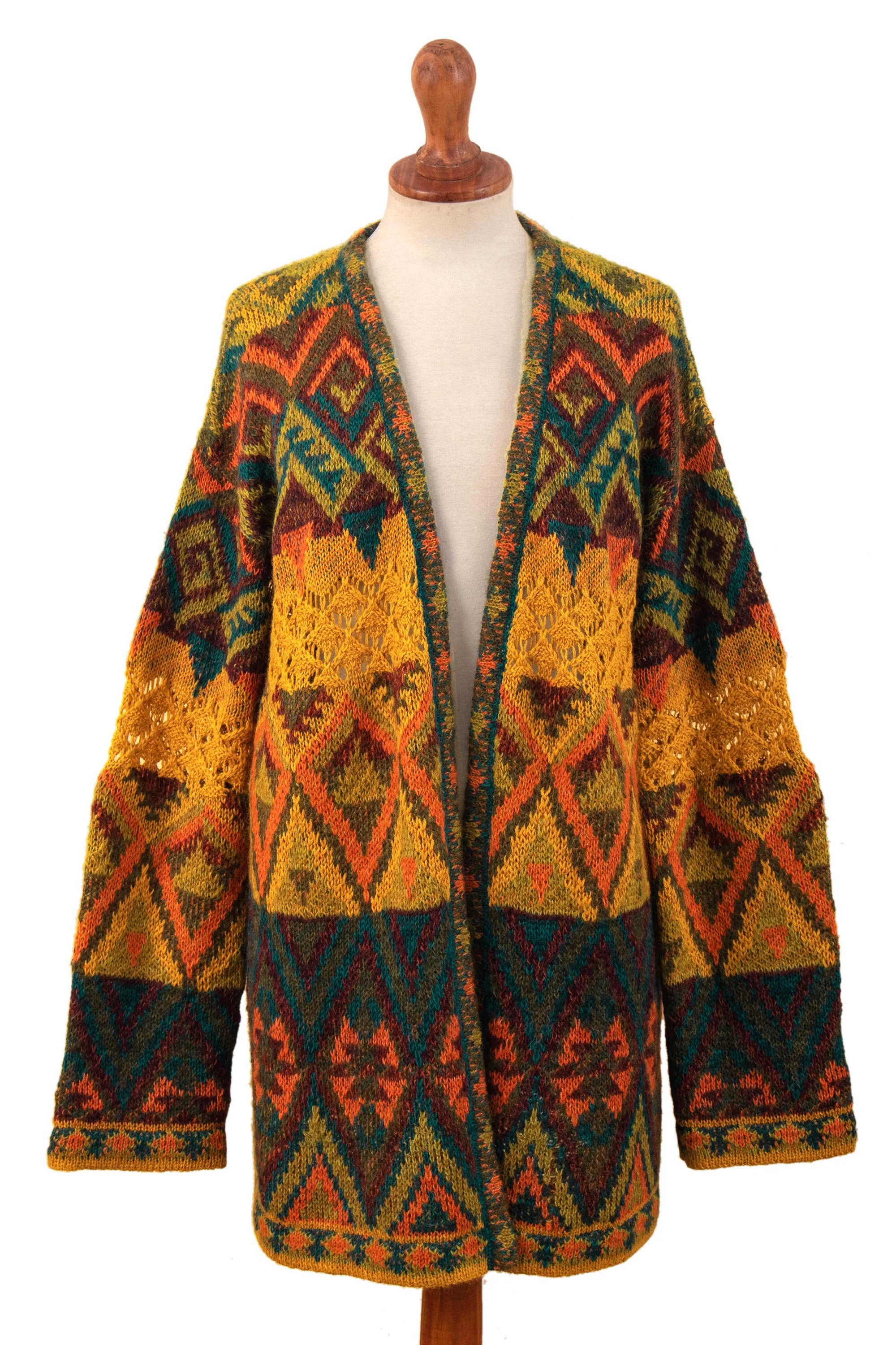 Chevere Art Knit Cardigan Baby Alpaca Blend Geometric Motifs Knit Cardigan Sweater - Image 2