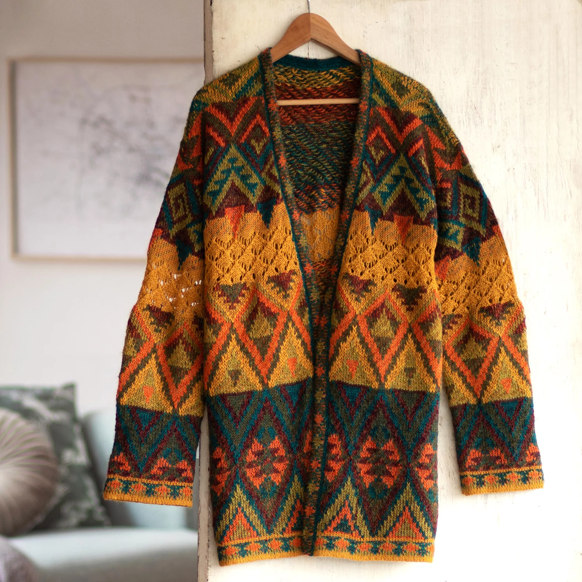 Chevere Art Knit Cardigan Baby Alpaca Blend Geometric Motifs Knit Cardigan Sweater - Image 3