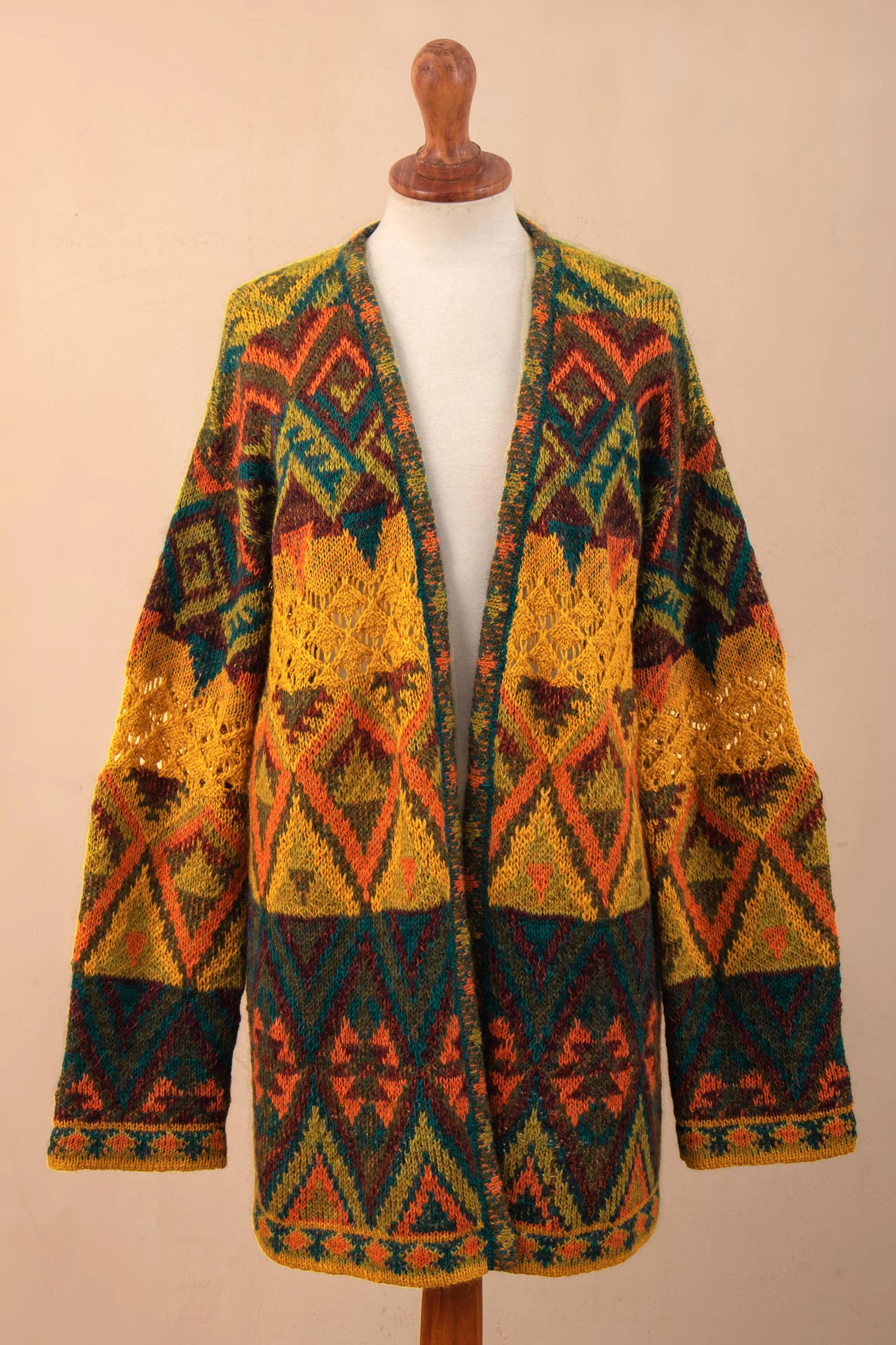 Chevere Art Knit Cardigan Baby Alpaca Blend Geometric Motifs Knit Cardigan Sweater - Image 4