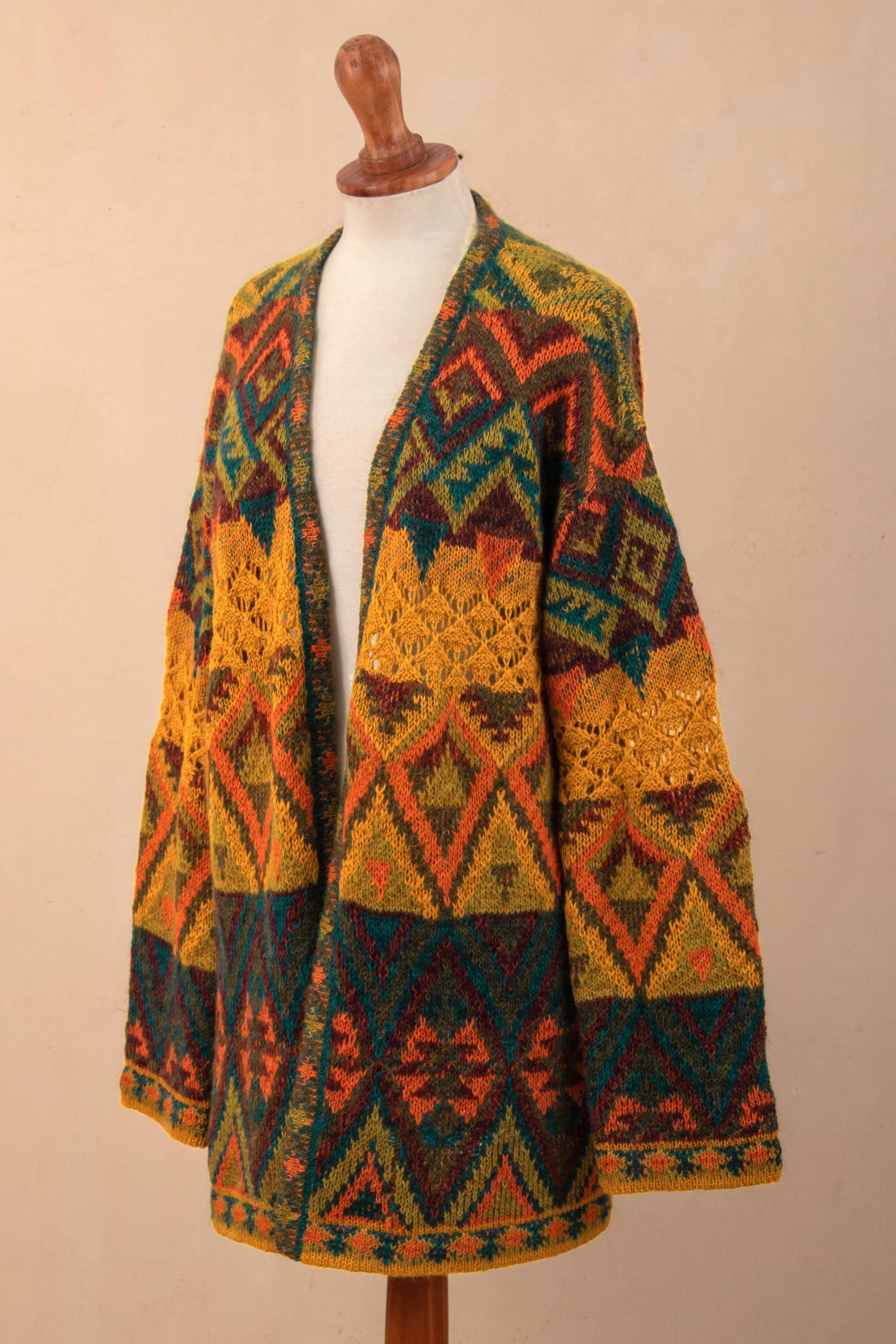 Chevere Art Knit Cardigan Baby Alpaca Blend Geometric Motifs Knit Cardigan Sweater - Image 5