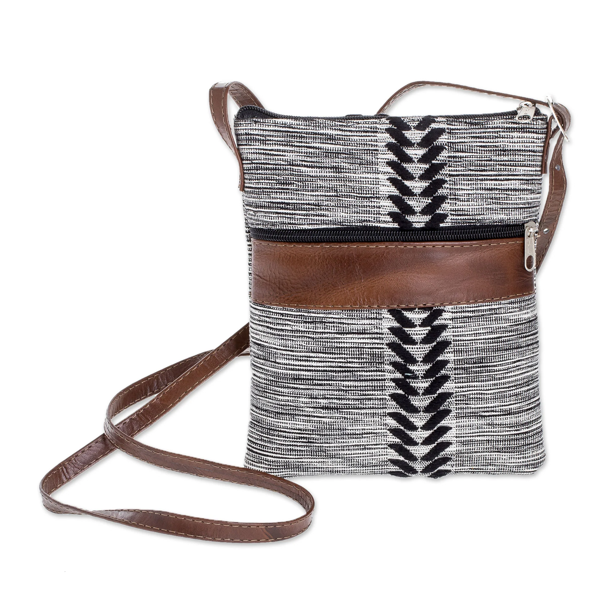 Chevron Heather Black and White Leather Accent Cotton Sling from Guatemala - Image 2