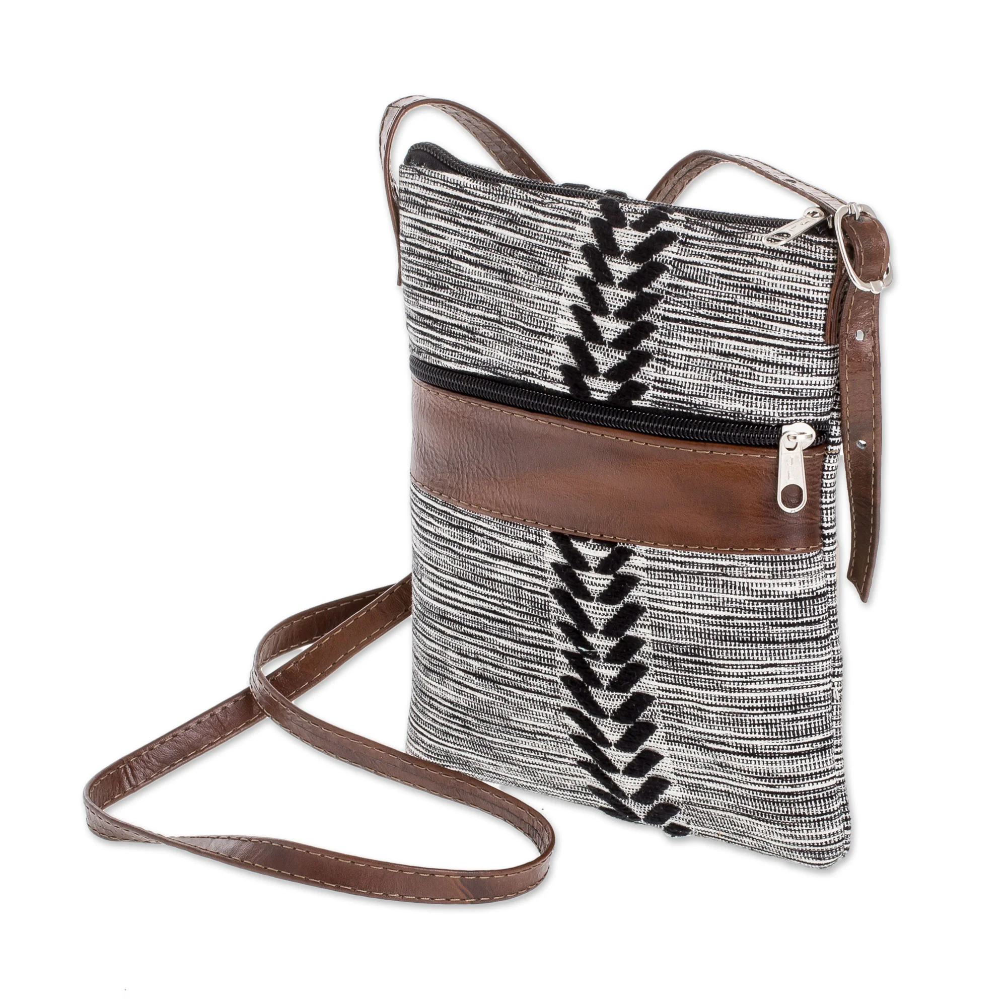 Chevron Heather Black and White Leather Accent Cotton Sling from Guatemala - Image 3