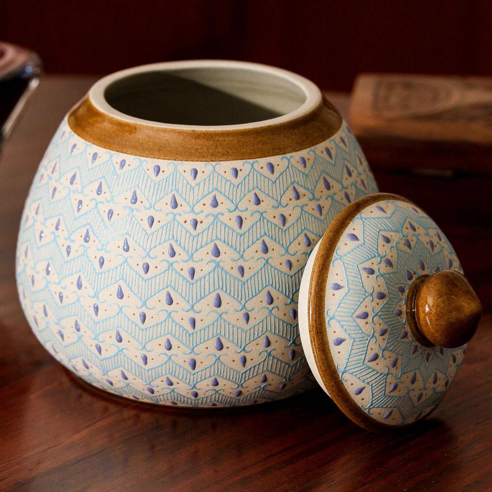 Chevron Tears Blue Chevron Motif Ceramic Round Decorative Jar - Image 3