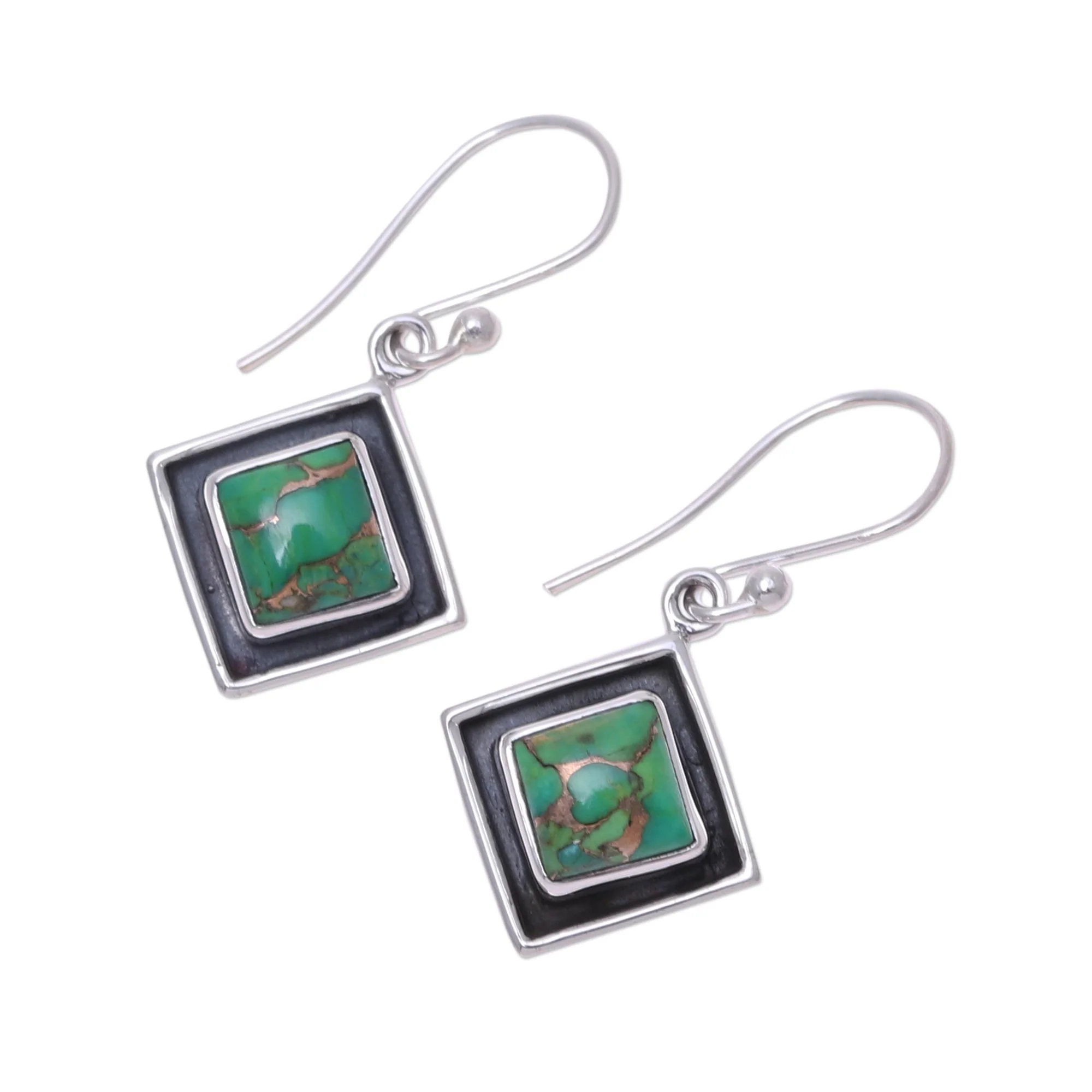 Chic Kites Green Composite Turquoise and Silver Dangle Earrings - Image 4