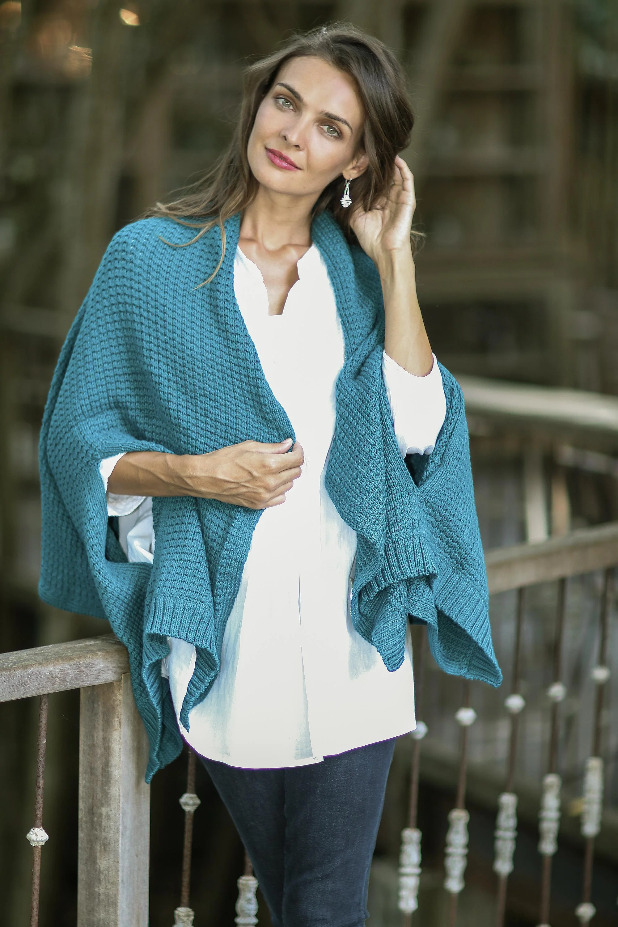 Chic Warmth in Teal Patterned Knit Cotton Shawl in Teal from Thailand - Image 3