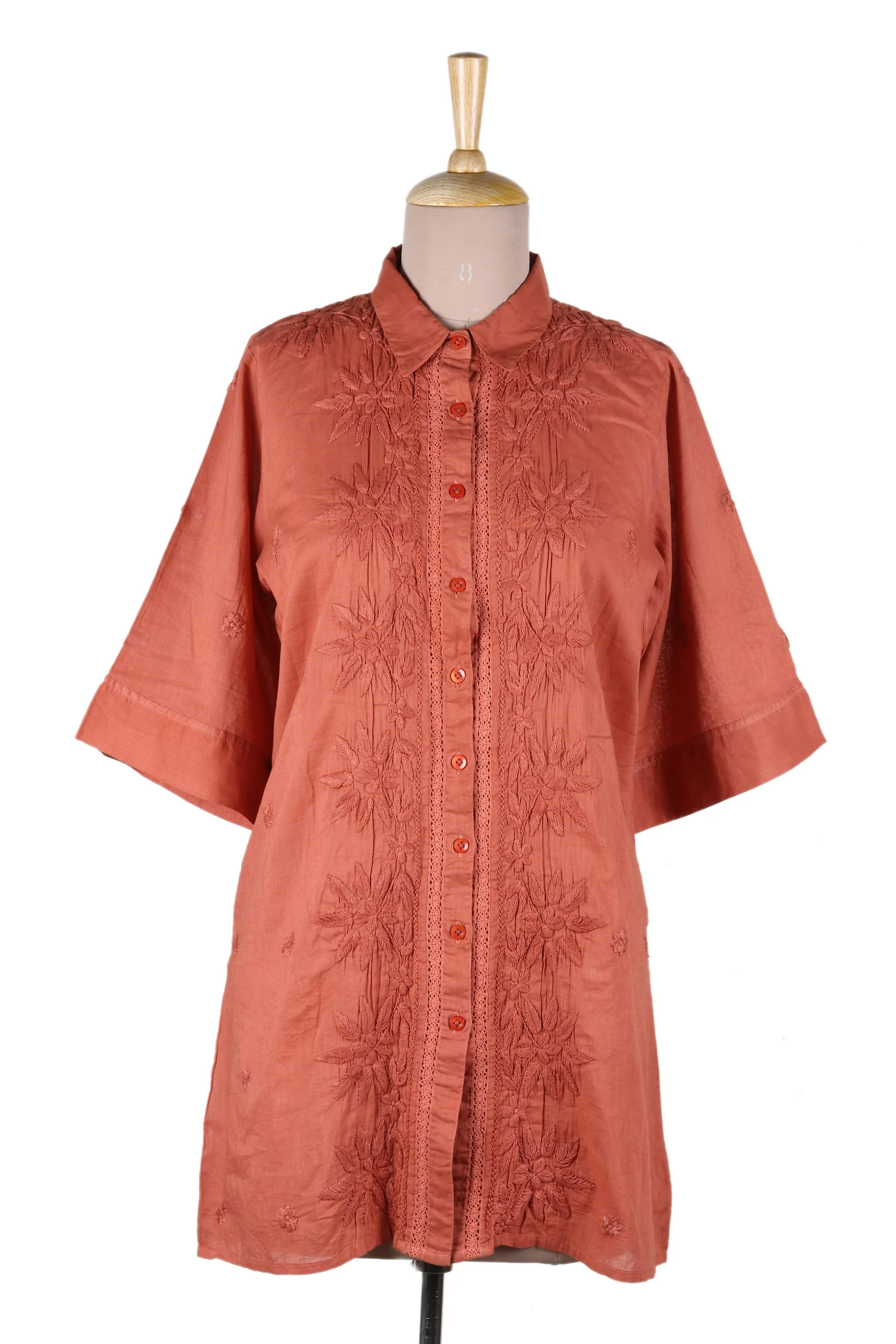 Chikan Chic Embroidered Floral Terracotta Cotton Shirt - Image 2