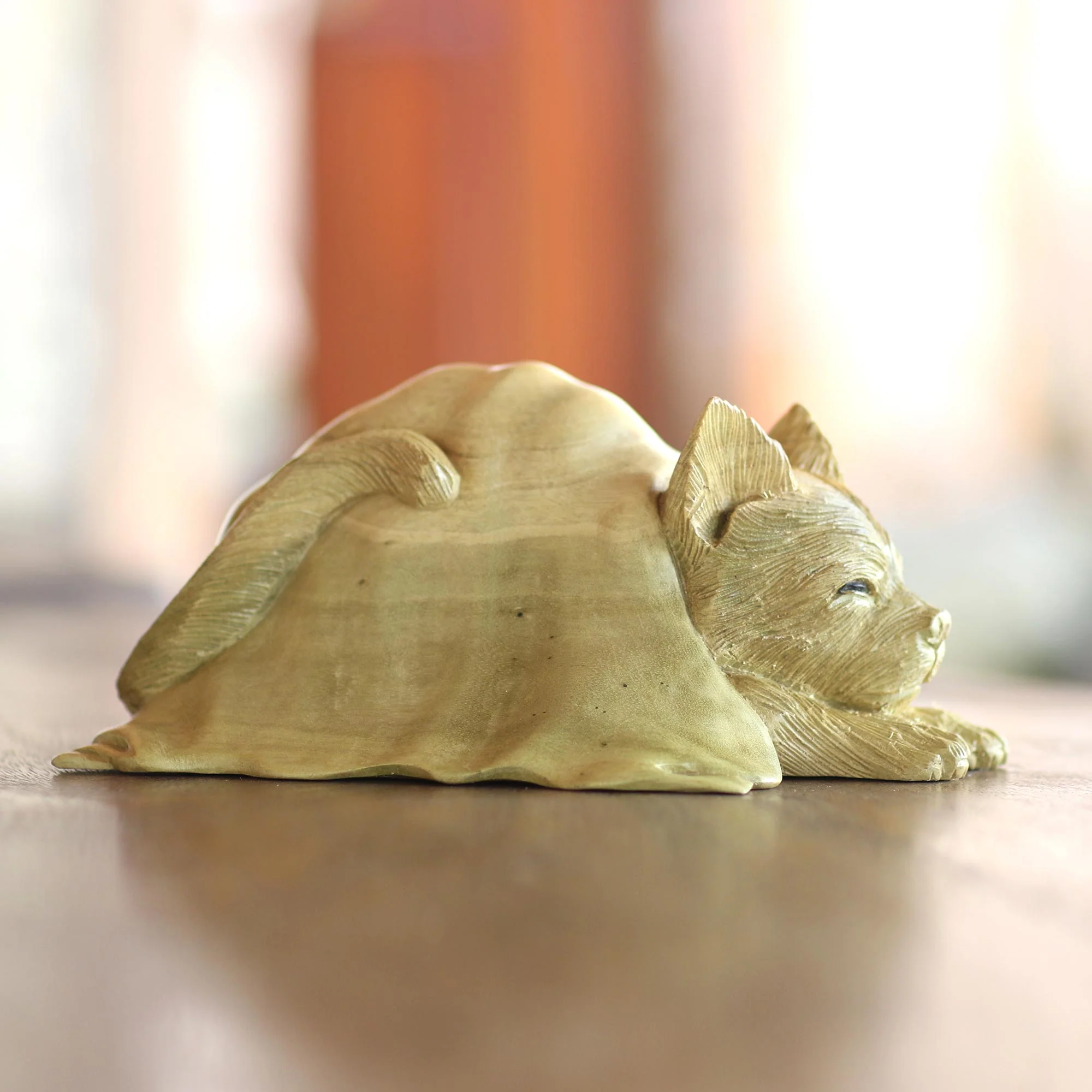 Chilly Cat Hibiscus Wood Sculpture of a Cat in a Blanket from Bali - Image 3