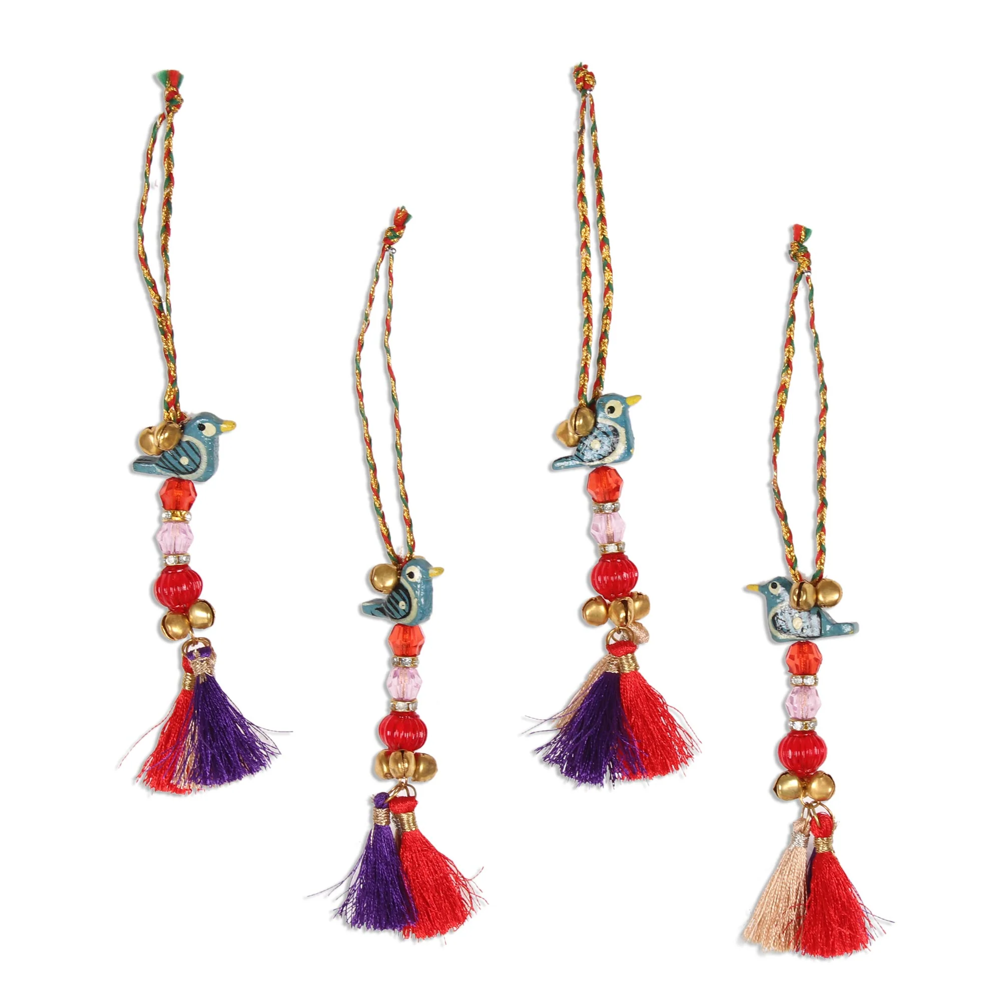 Chirping Birds Bird-Themed Wood Beaded Ornaments from India (Set of 4) - Image 2