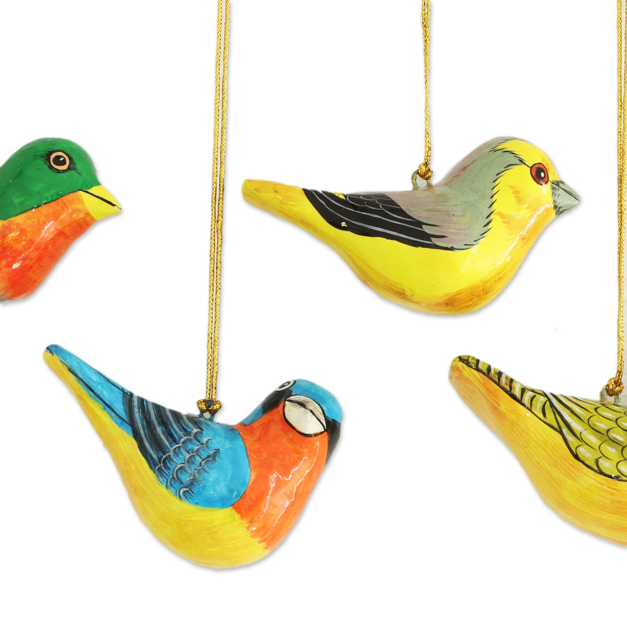 Chirping Sparrows Four Colorful Papier Mache Bird Ornaments from India - Image 3