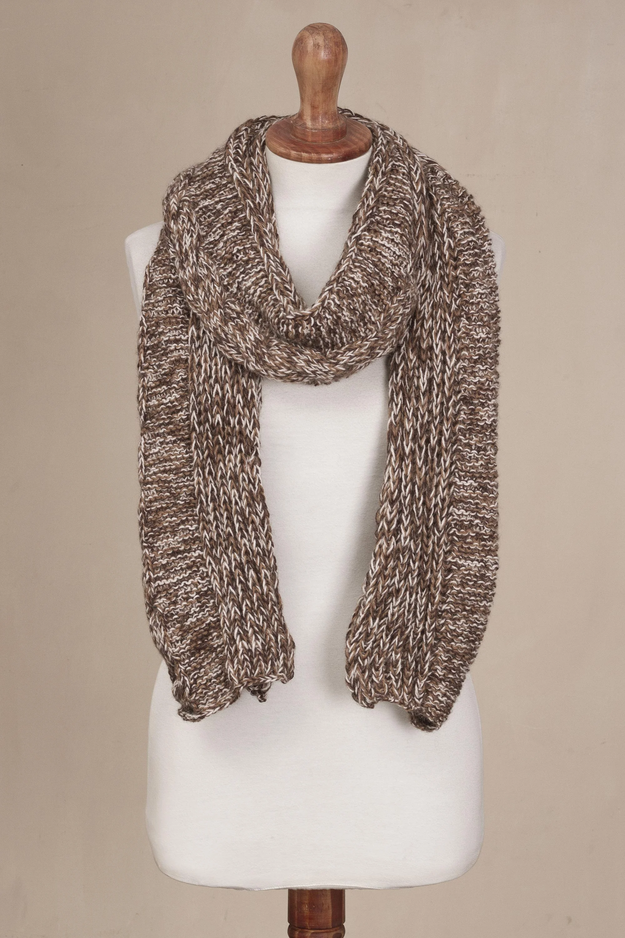 Chocolate River Brown and White 100% Alpaca Hand Knit Cable Stitch Scarf - Image 3