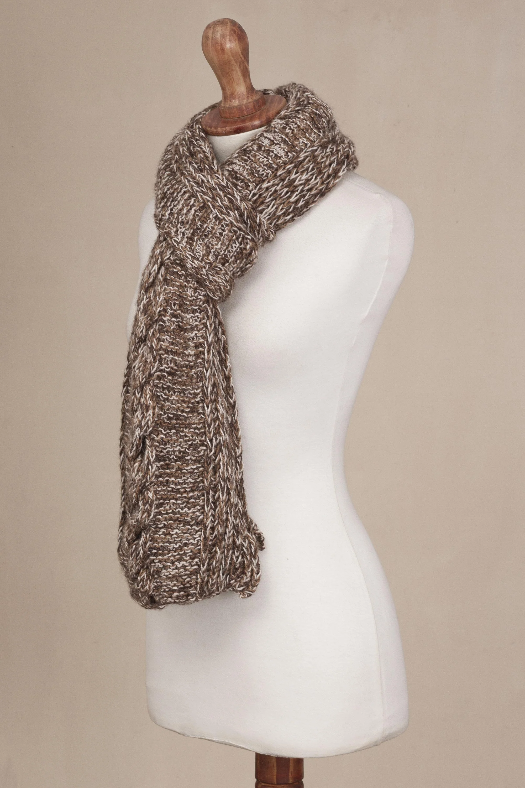 Chocolate River Brown and White 100% Alpaca Hand Knit Cable Stitch Scarf - Image 5