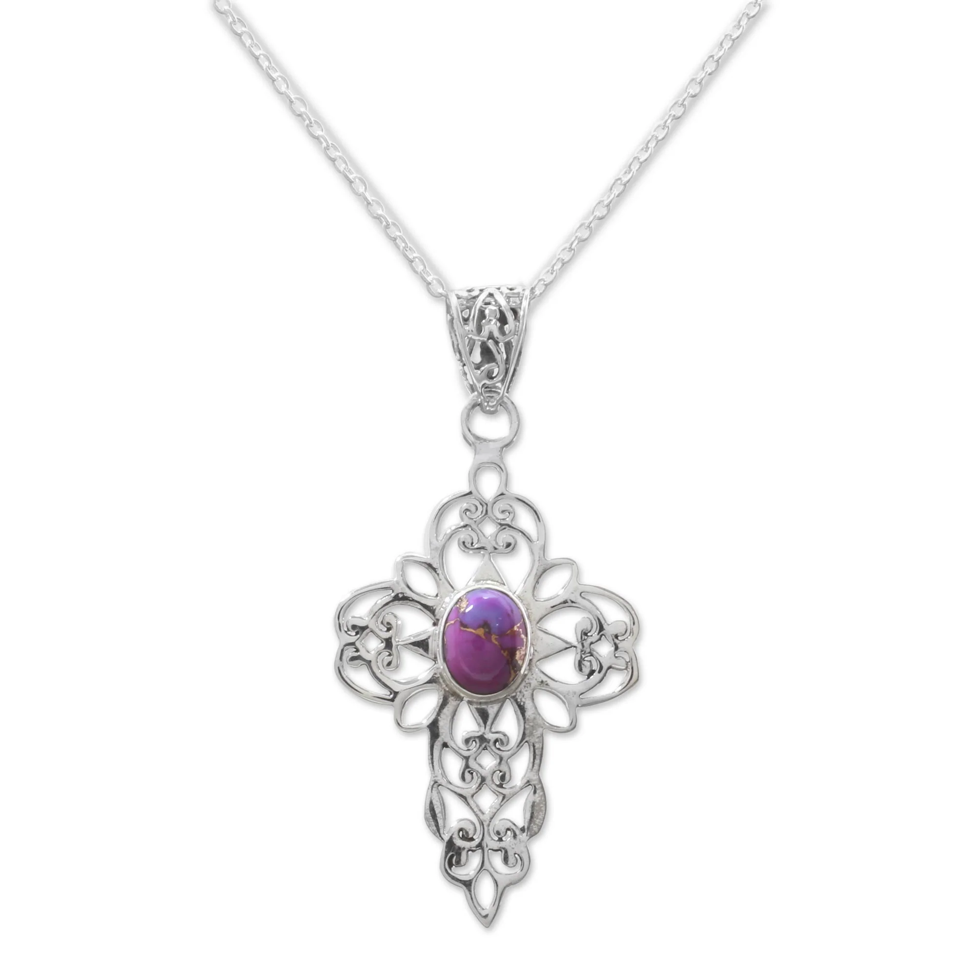 Christian Wish Purple Composite Turquoise Sterling Silver Cross Necklace - Image 2
